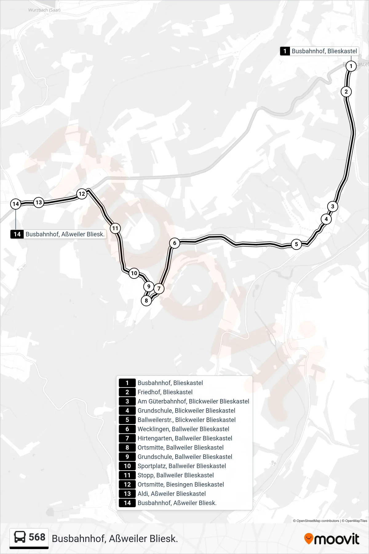 568 bus Line (Busbahnhof, Aßweiler Bliesk.) route and stops on a map