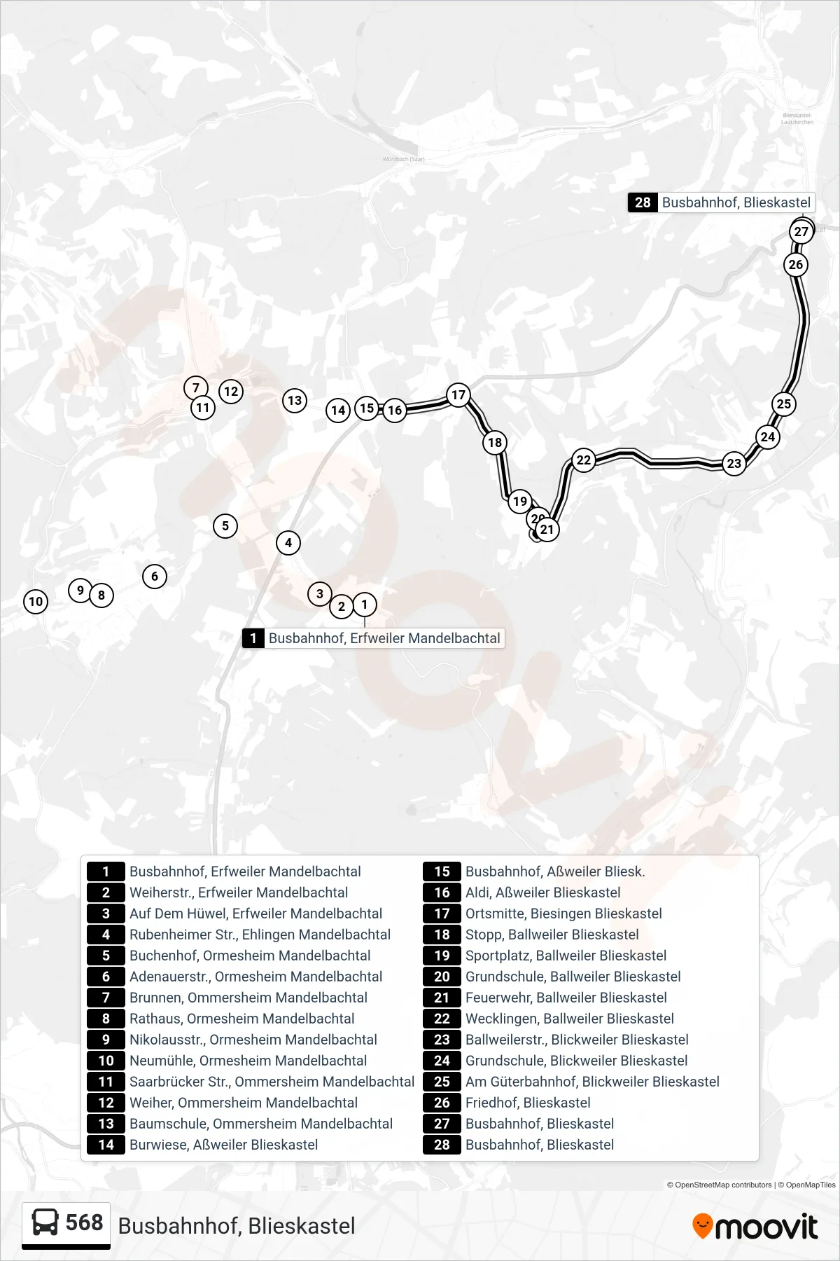 568 bus Line (Busbahnhof, Blieskastel) route and stops on a map