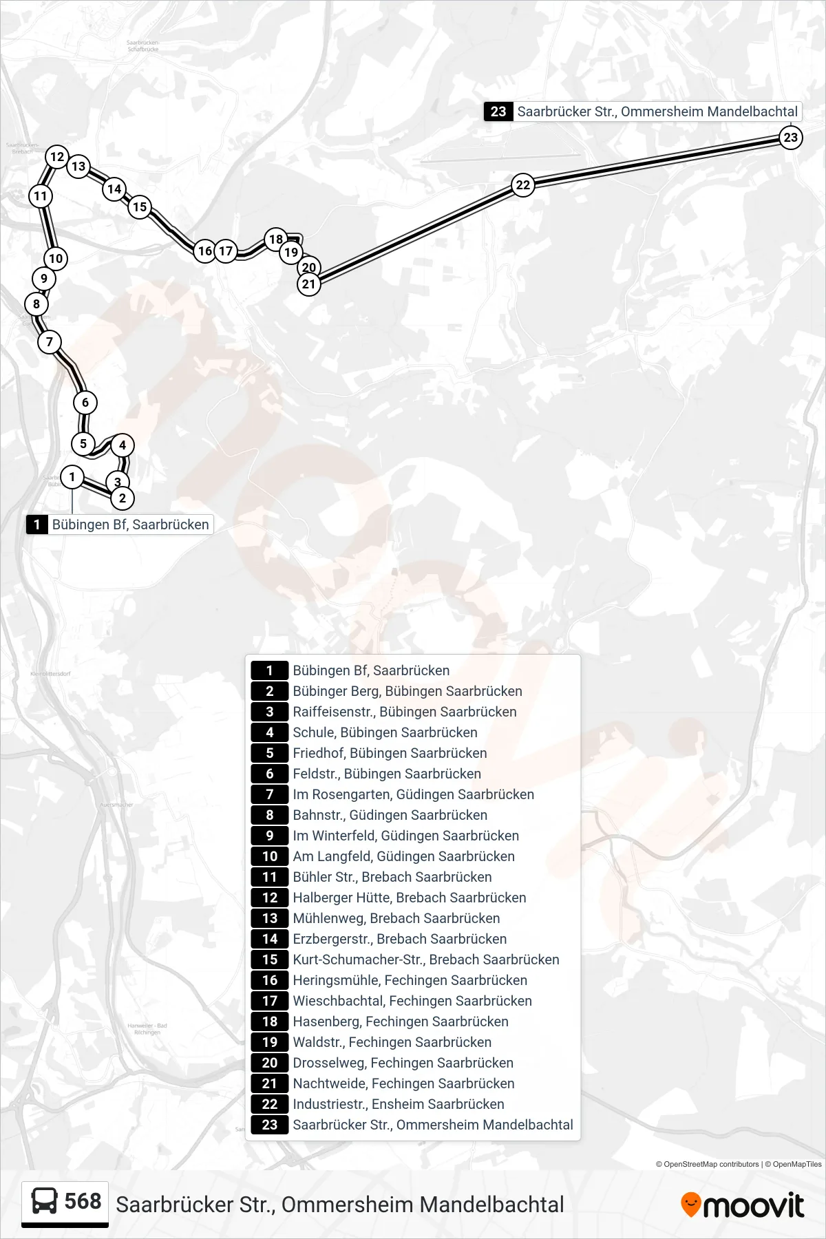 568 bus Line (Saarbrücker Str., Ommersheim Mandelbachtal) route and stops on a map