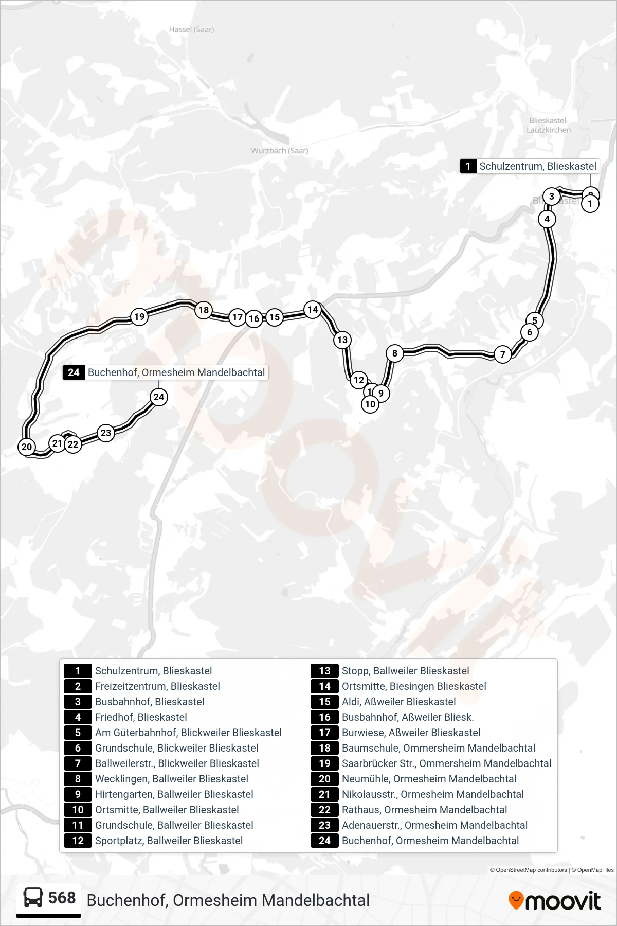 568 bus Line (Buchenhof, Ormesheim Mandelbachtal) route and stops on a map