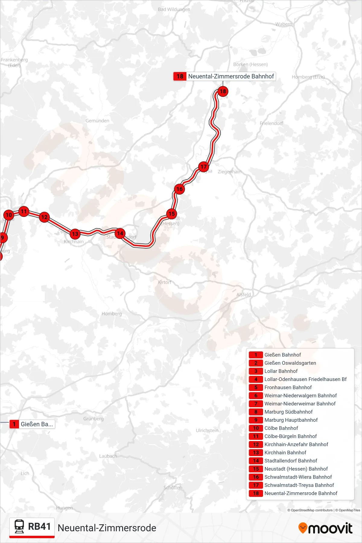 RB41 train Line (Neuental-Zimmersrode) route and stops on a map