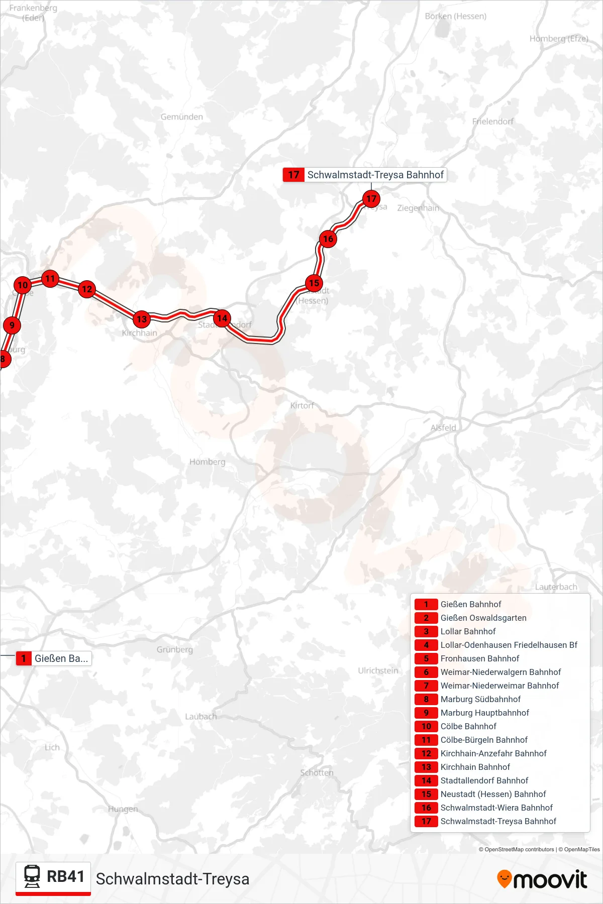 RB41 train Line (Schwalmstadt-Treysa) route and stops on a map