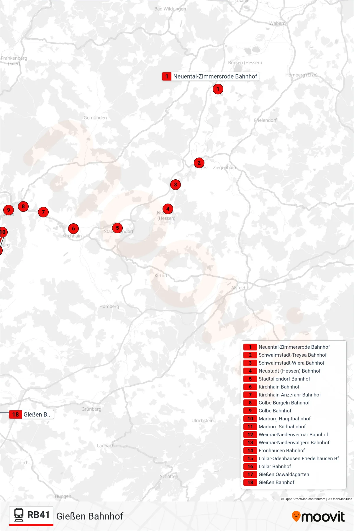 RB41 train Line (Gießen Bahnhof) route and stops on a map