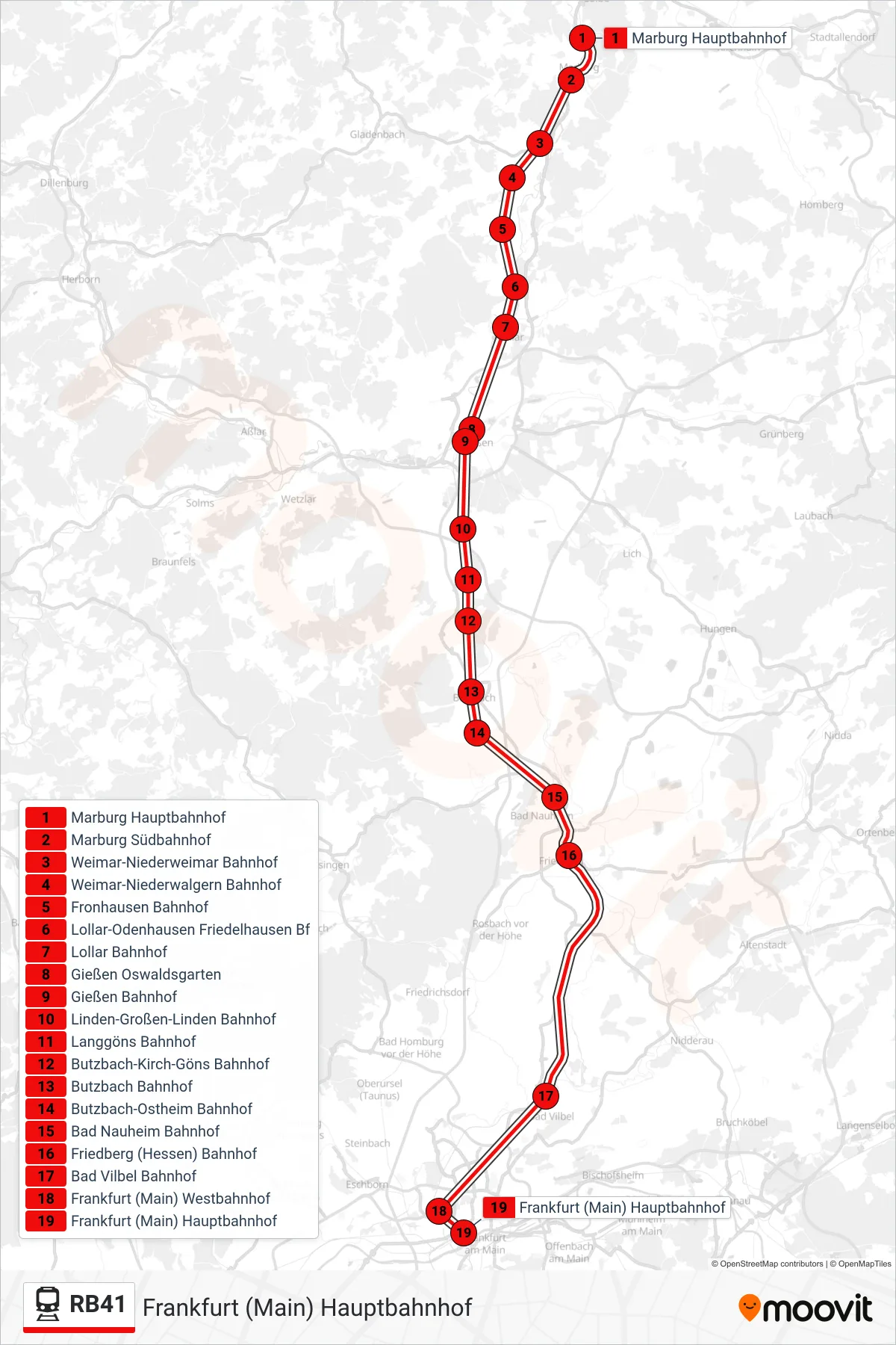 RB41 rail Line (Frankfurt (Main) Hauptbahnhof) route and stops on a map