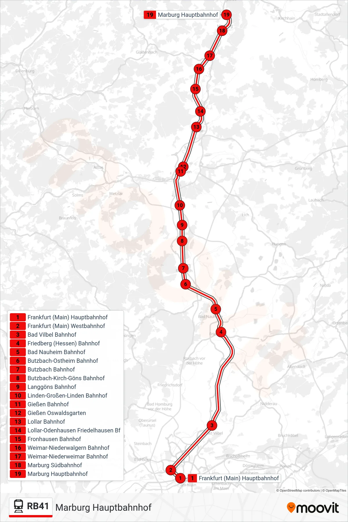RB41 train Line (Marburg Hauptbahnhof) route and stops on a map