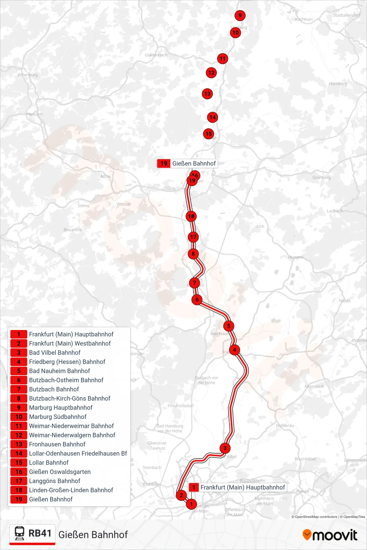 Linie RB41 (Bahn) Richtung Gießen Bahnhof: Route und Haltestellen auf der Karte