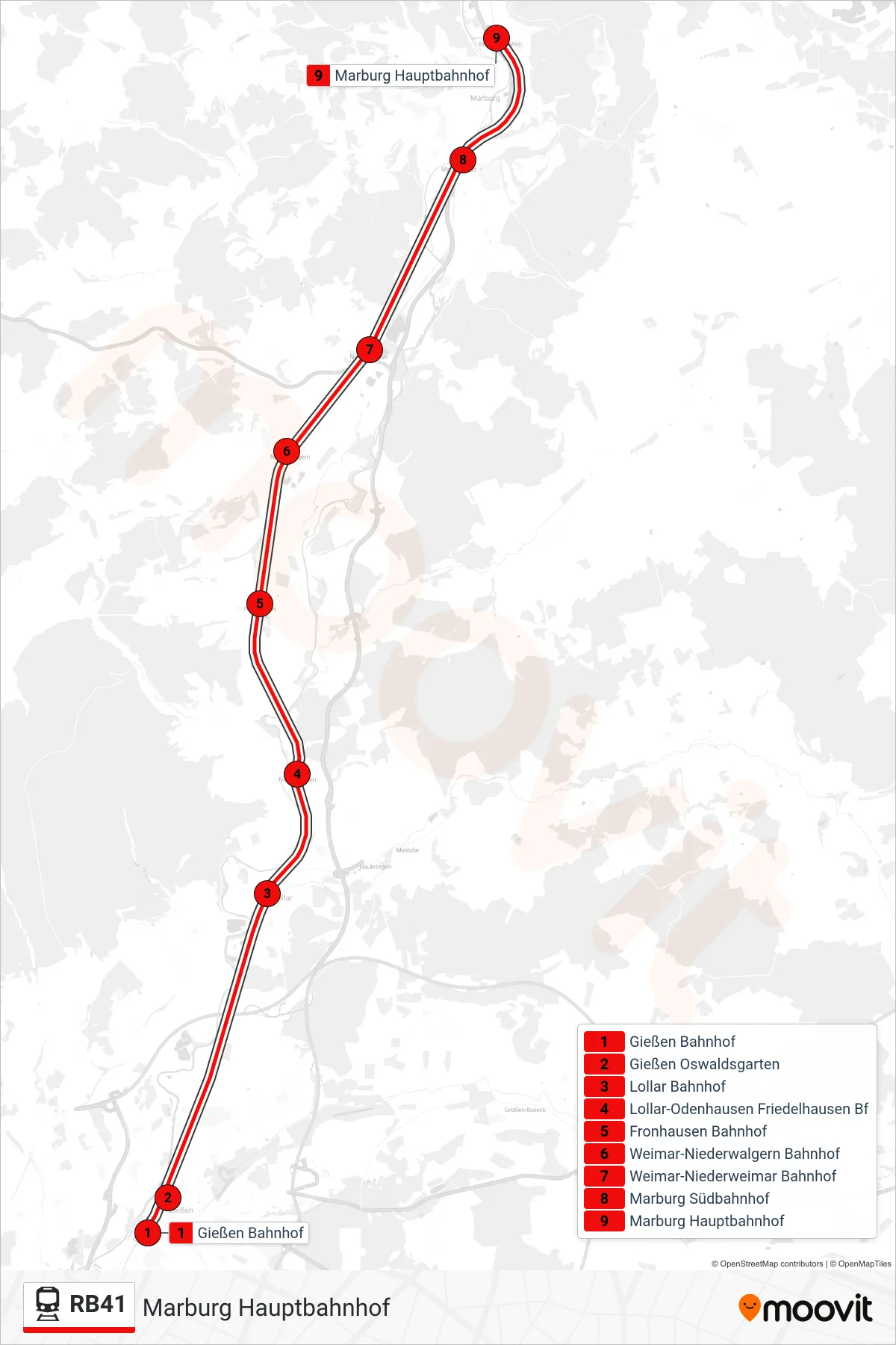 RB41 train Line (Marburg Hauptbahnhof) route and stops on a map