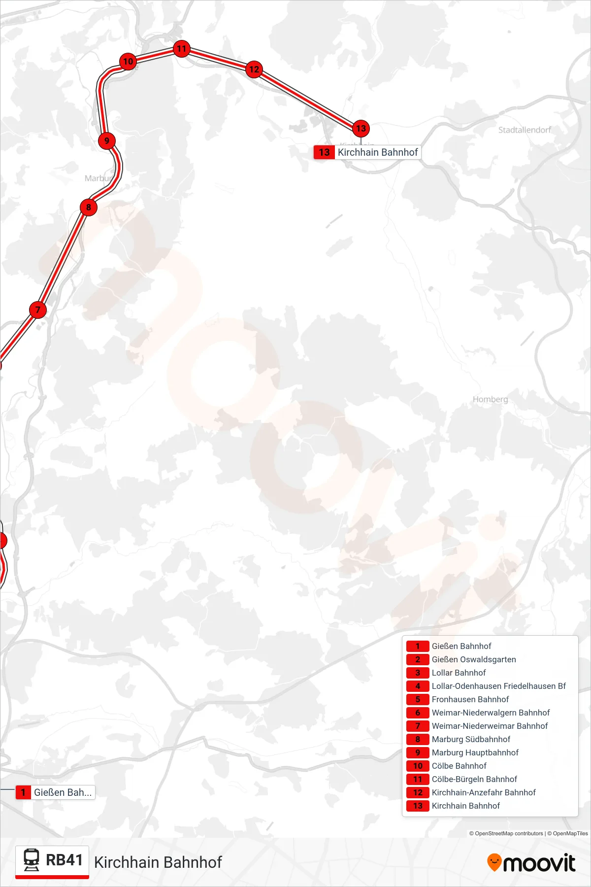 RB41 rail Line (Kirchhain Bahnhof) route and stops on a map