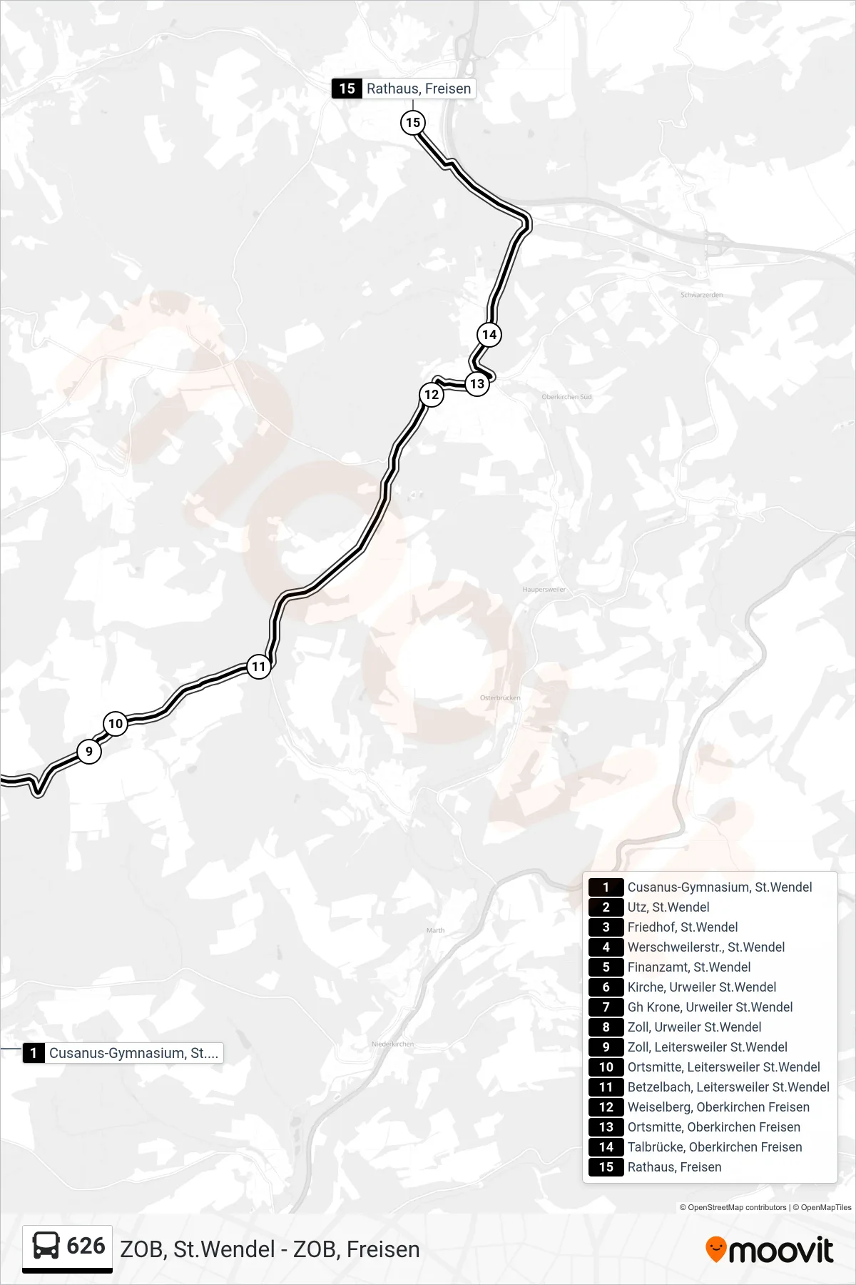 626 bus Line (Rathaus, Freisen) route and stops on a map