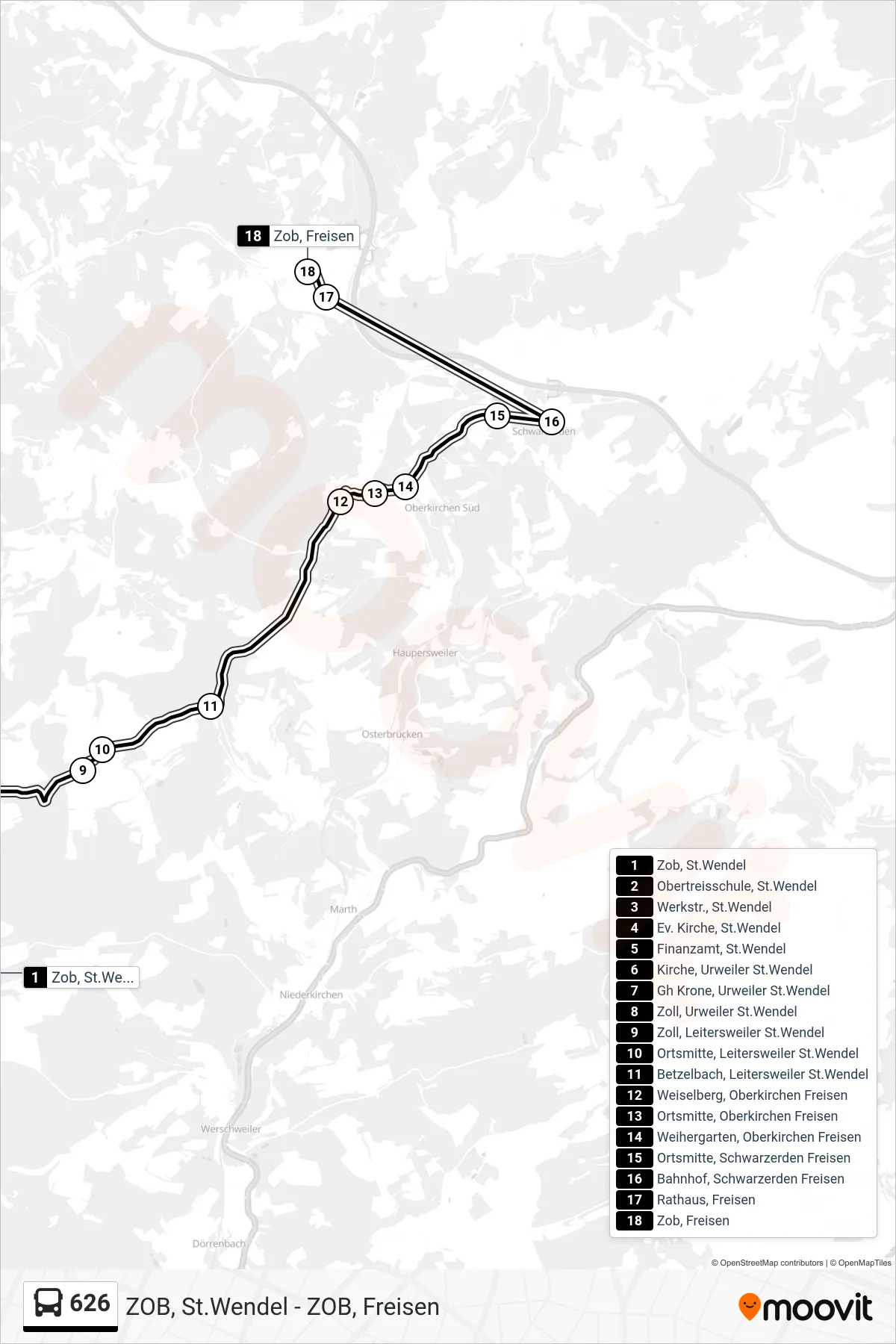 Linie 626 (Bus) Richtung Zob, Freisen: Route und Haltestellen auf der Karte