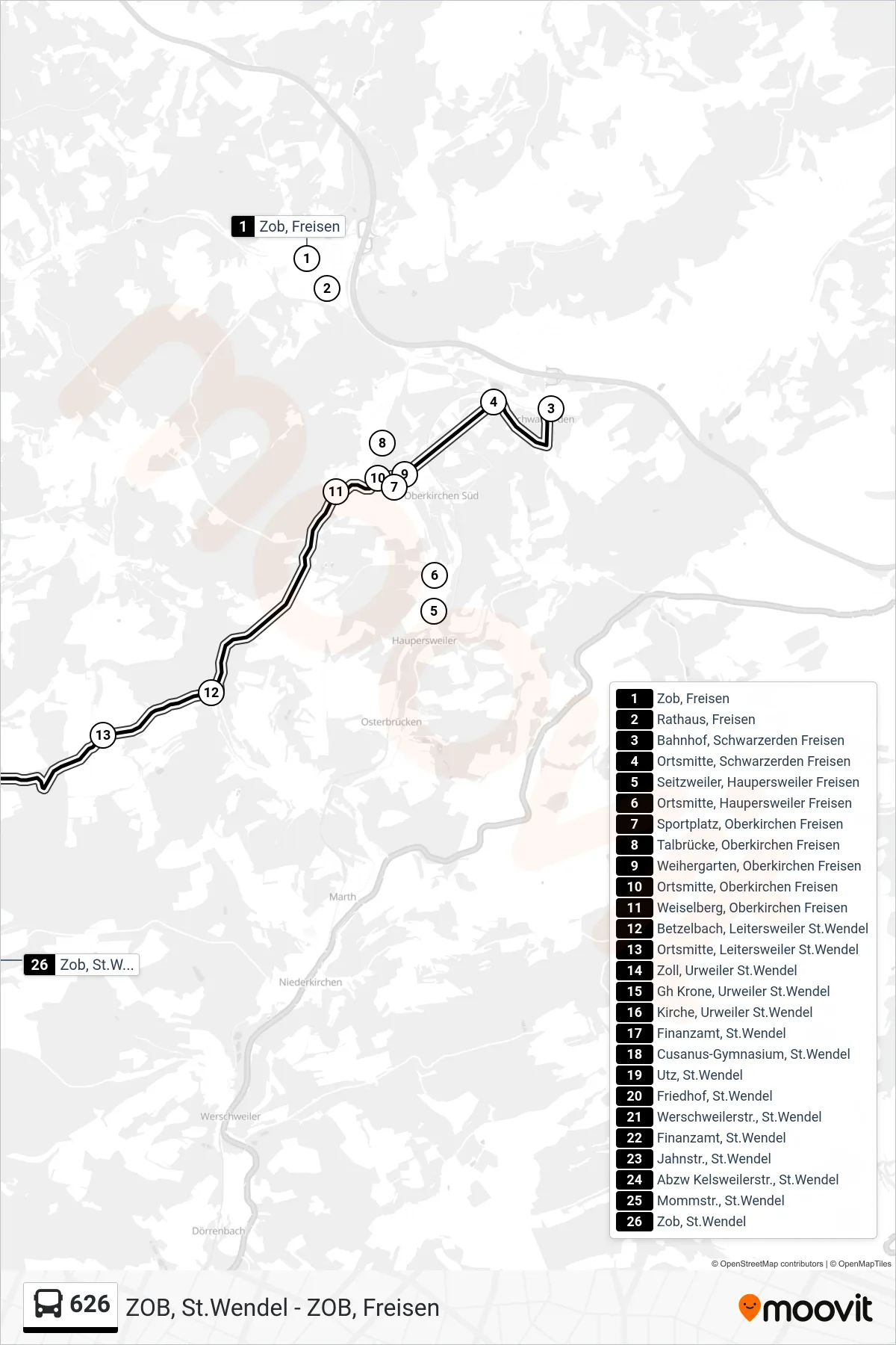 626 bus Line (Zob, St.Wendel) route and stops on a map