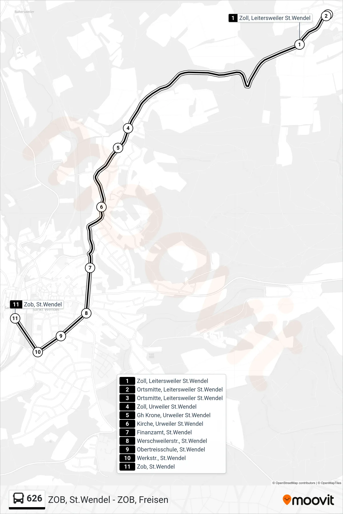626 bus Line (St. Wendel ZOB) route and stops on a map
