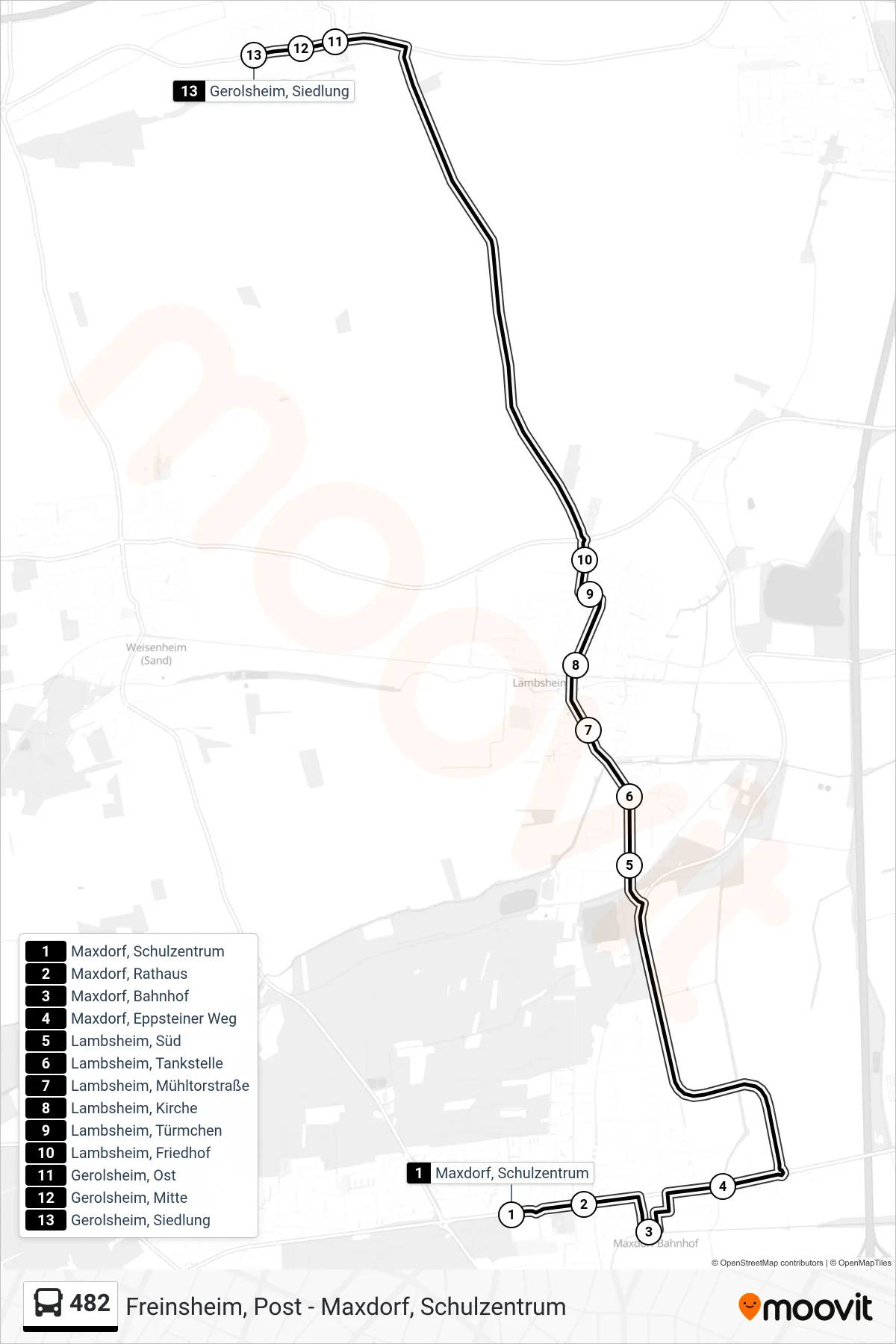 Linie 482 (Bus) Richtung Gerolsheim, Siedlung: Route und Haltestellen auf der Karte