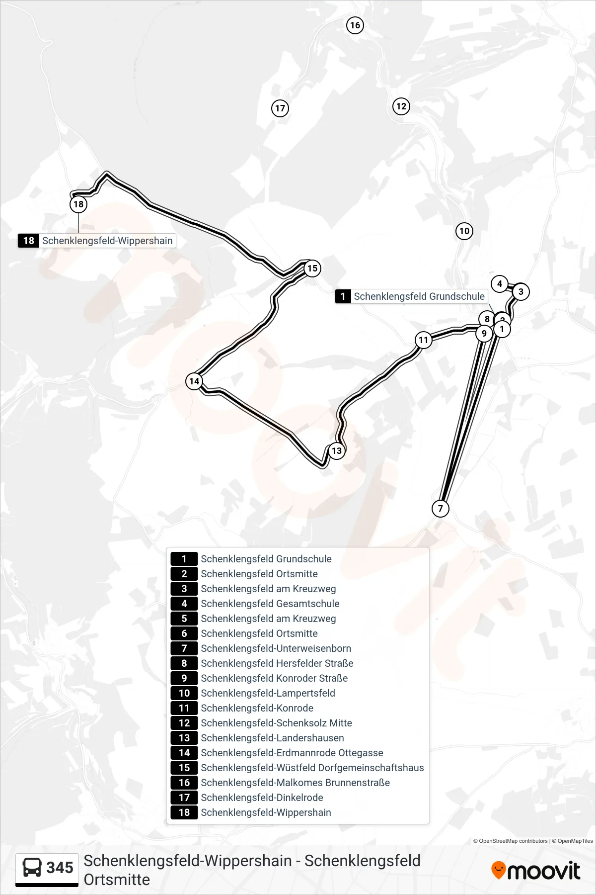 345 bus Line (Wippershain) route and stops on a map