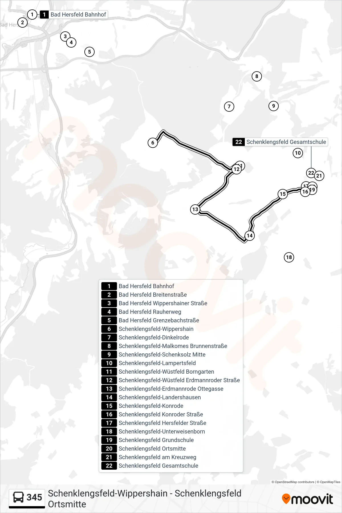 345 bus Line (Schenklengsfeld) route and stops on a map
