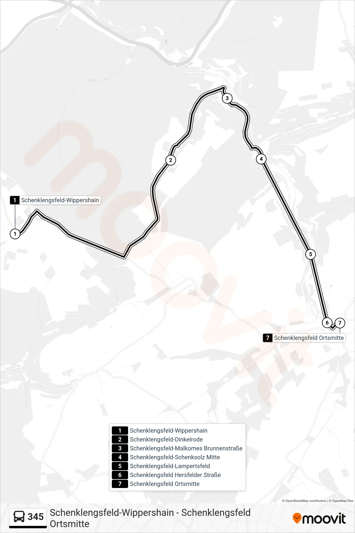 Linie 345 (Bus) Richtung Schenklengsfeld Ortsmitte: Route und Haltestellen auf der Karte
