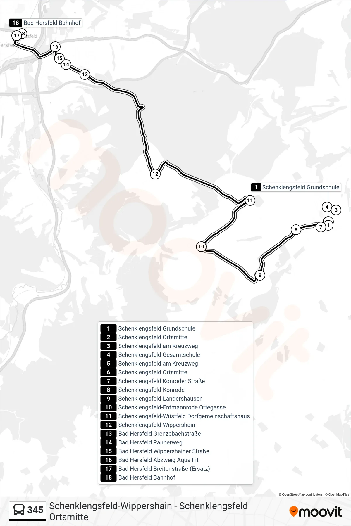 345 bus Line (Bad Hersfeld Bahnhof) route and stops on a map