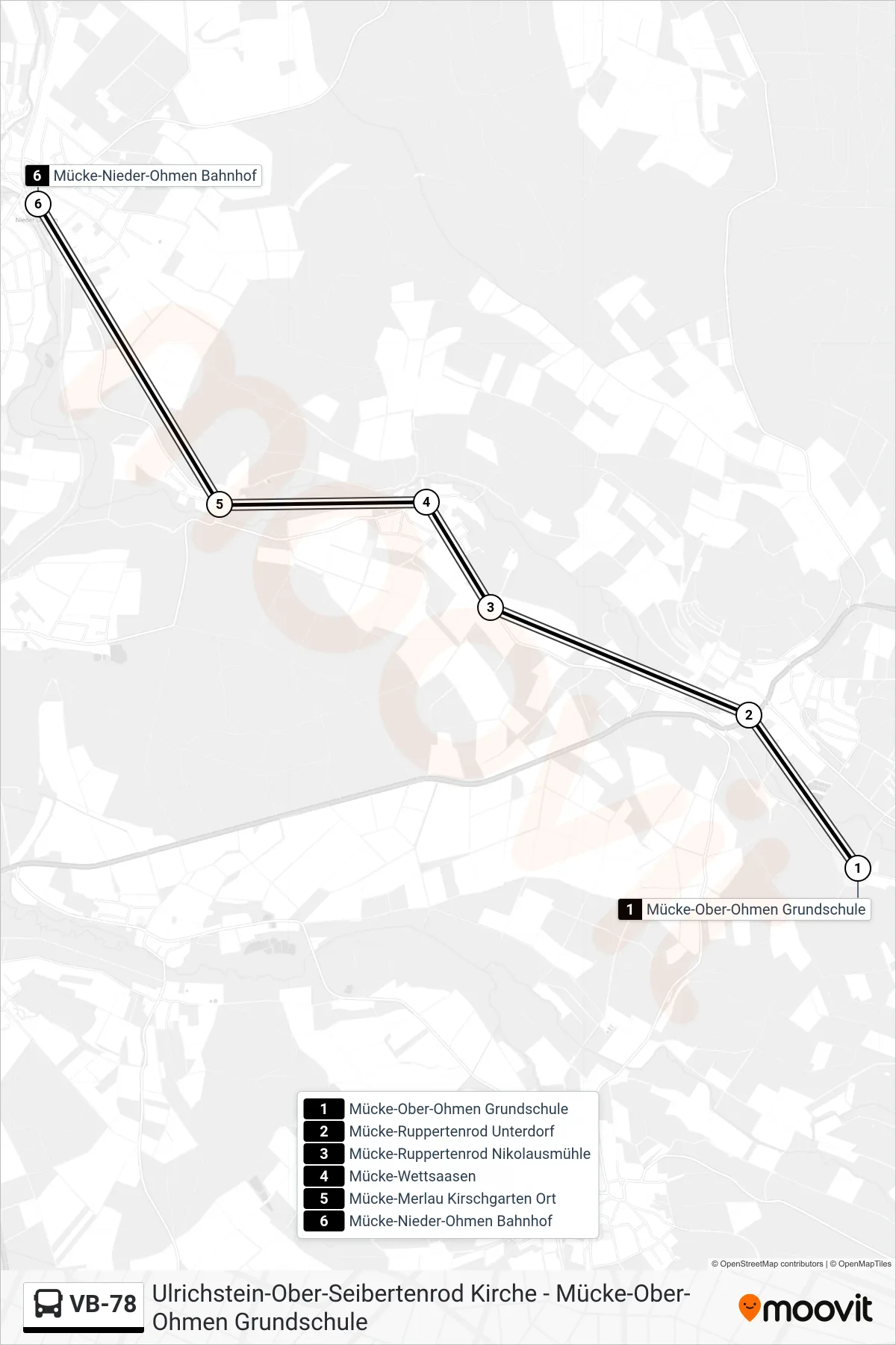 Linie VB-78 (Bus) Richtung Mücke-Nieder-Ohmen Bahnhof: Route und Haltestellen auf der Karte