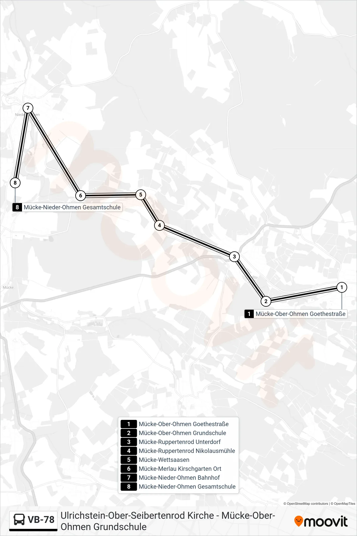 VB-78 bus Line (Mücke-Nieder-Ohmen Gesamtschule) route and stops on a map