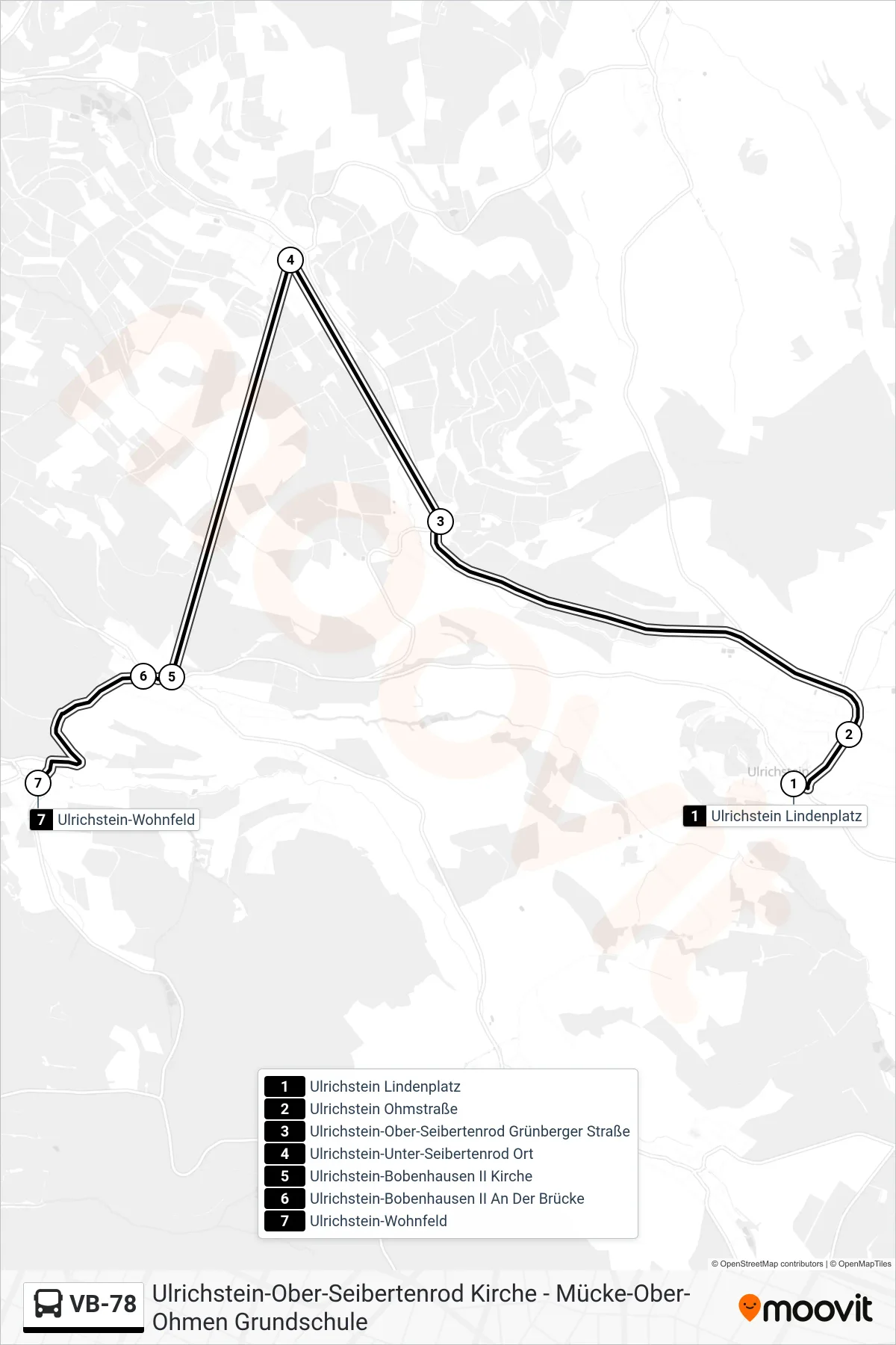 VB-78 bus Line (Ulrichstein-Wohnfeld) route and stops on a map