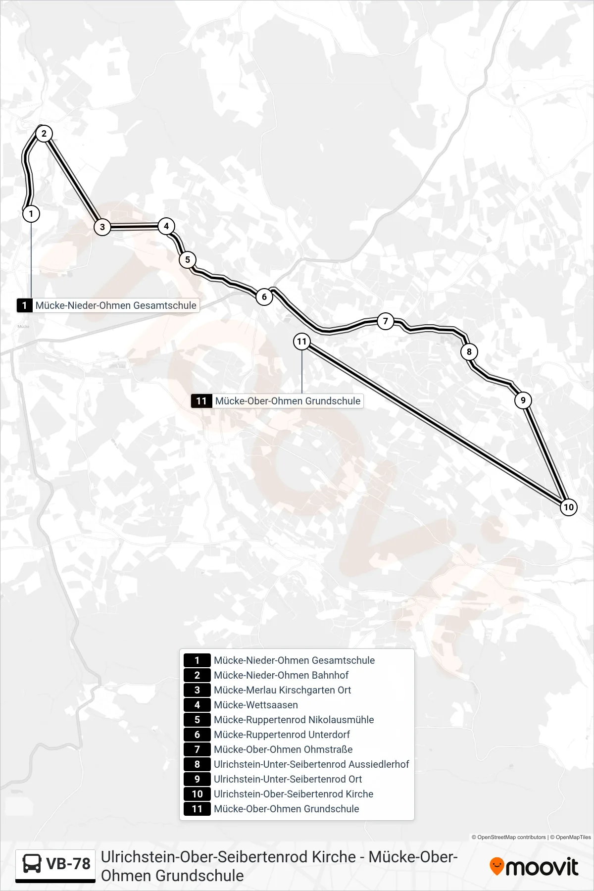 VB-78 bus Line (Mücke-Ober-Ohmen Grundschule) route and stops on a map