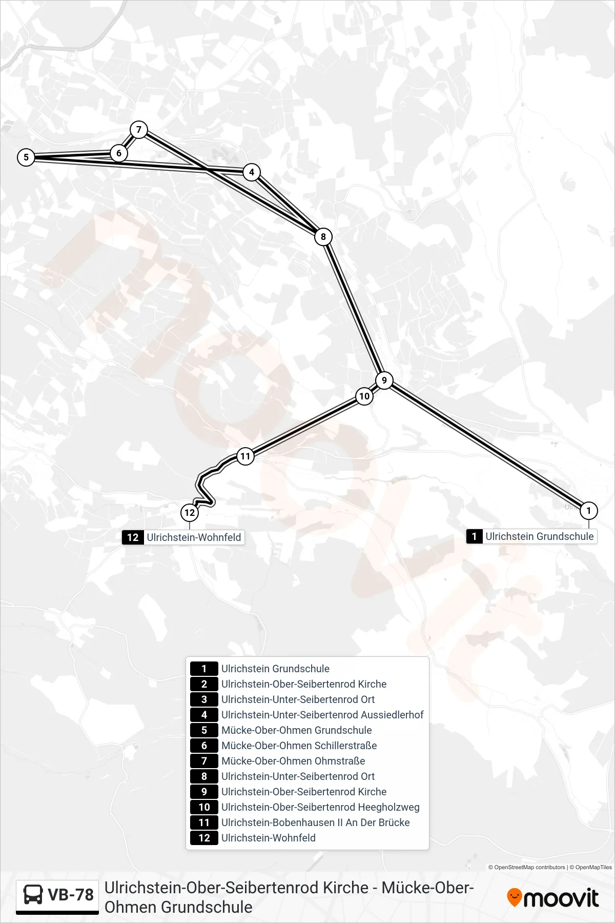 VB-78 bus Line (Ulrichstein-Wohnfeld) route and stops on a map