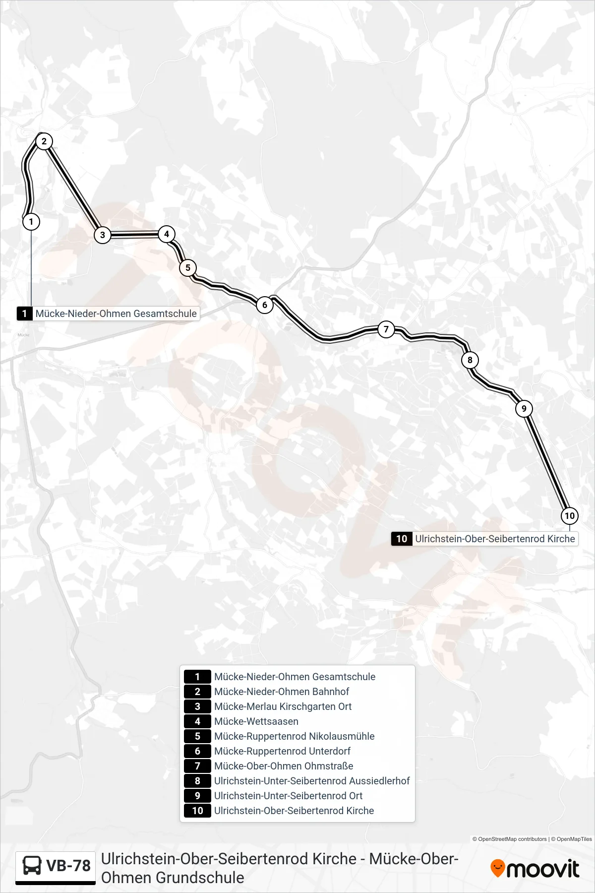 VB-78 bus Line (Ulrichstein-Ober-Seibertenrod Kirche) route and stops on a map