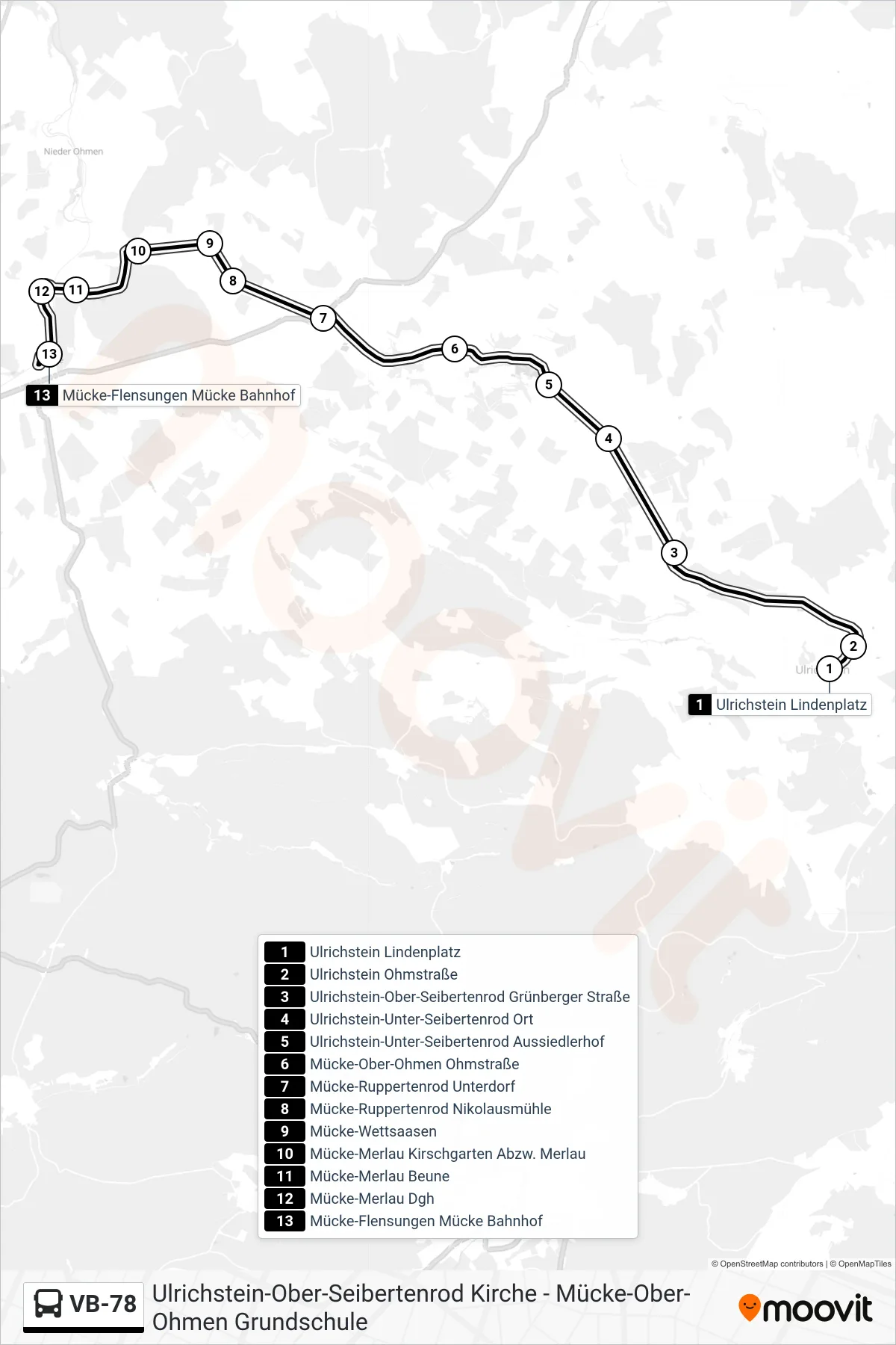 VB-78 bus Line (Mücke-Flensungen Mücke Bahnhof) route and stops on a map