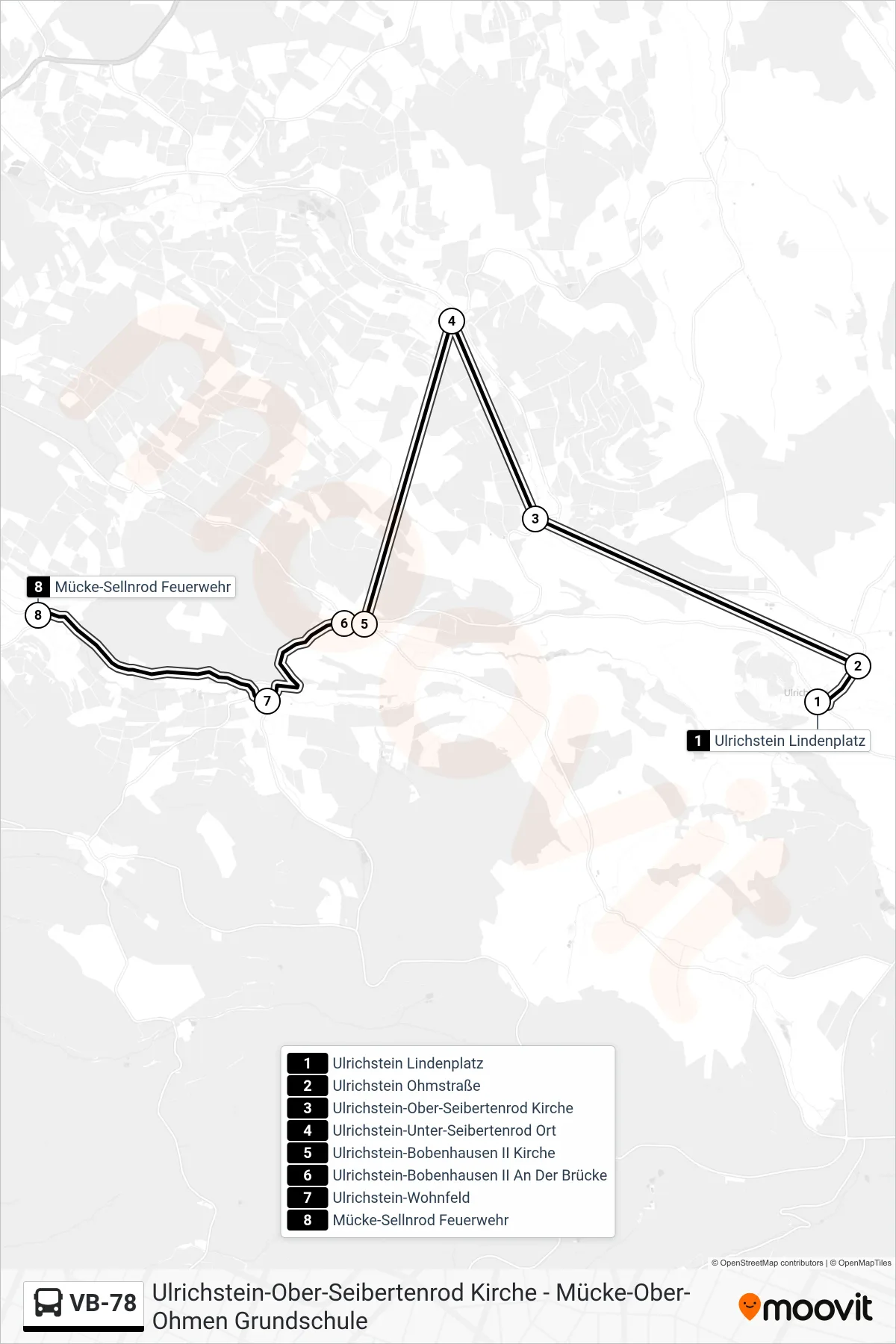 VB-78 bus Line (Mücke-Sellnrod Feuerwehr) route and stops on a map