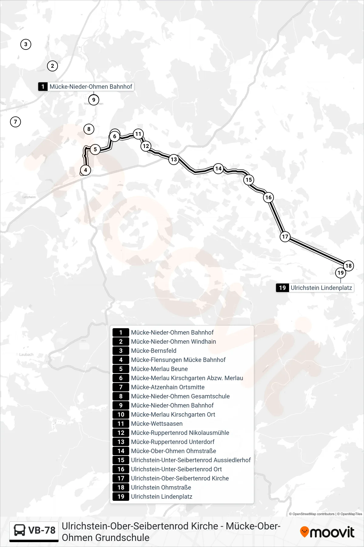 VB-78 bus Line (Ulrichstein Lindenplatz) route and stops on a map