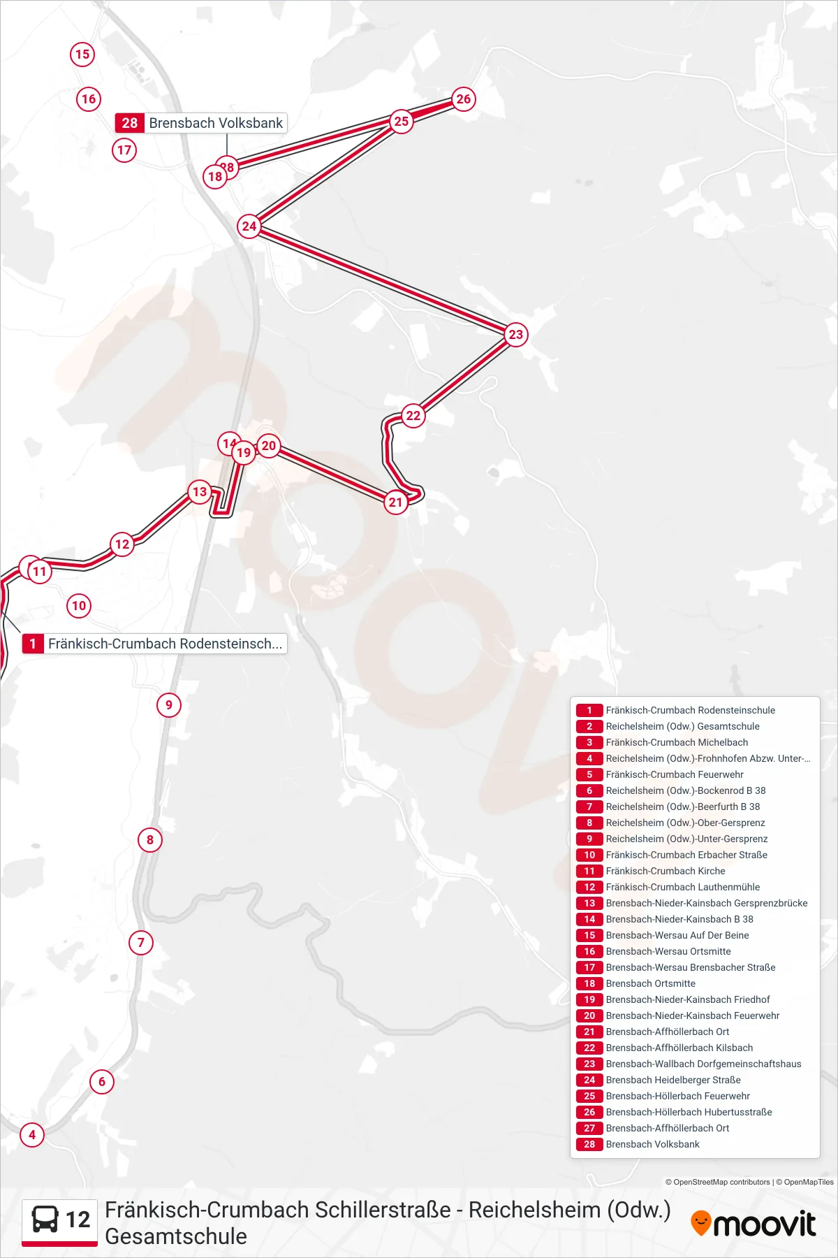 12 bus Line (Brensbach) route and stops on a map