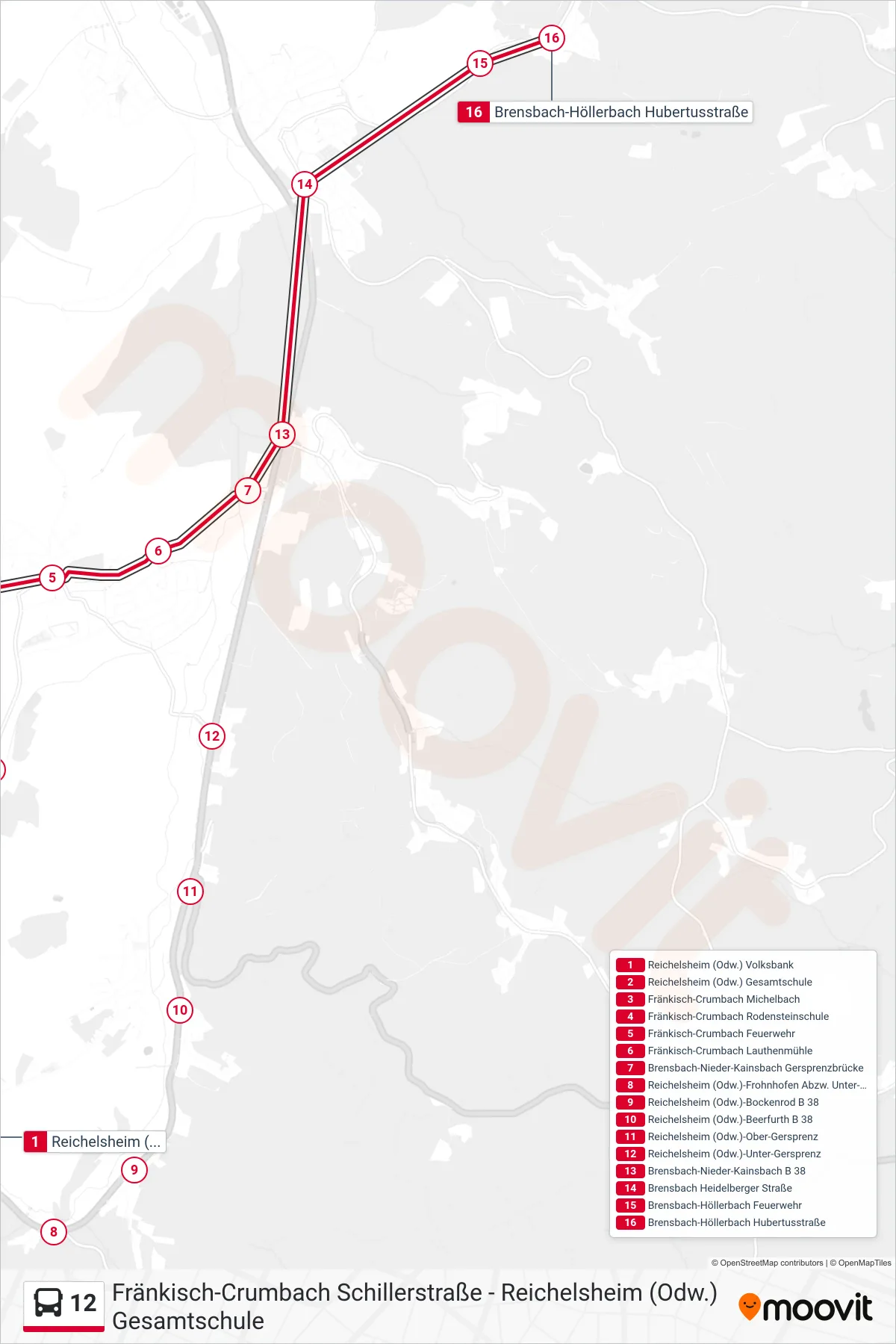 12 bus Line (Höllerbach) route and stops on a map