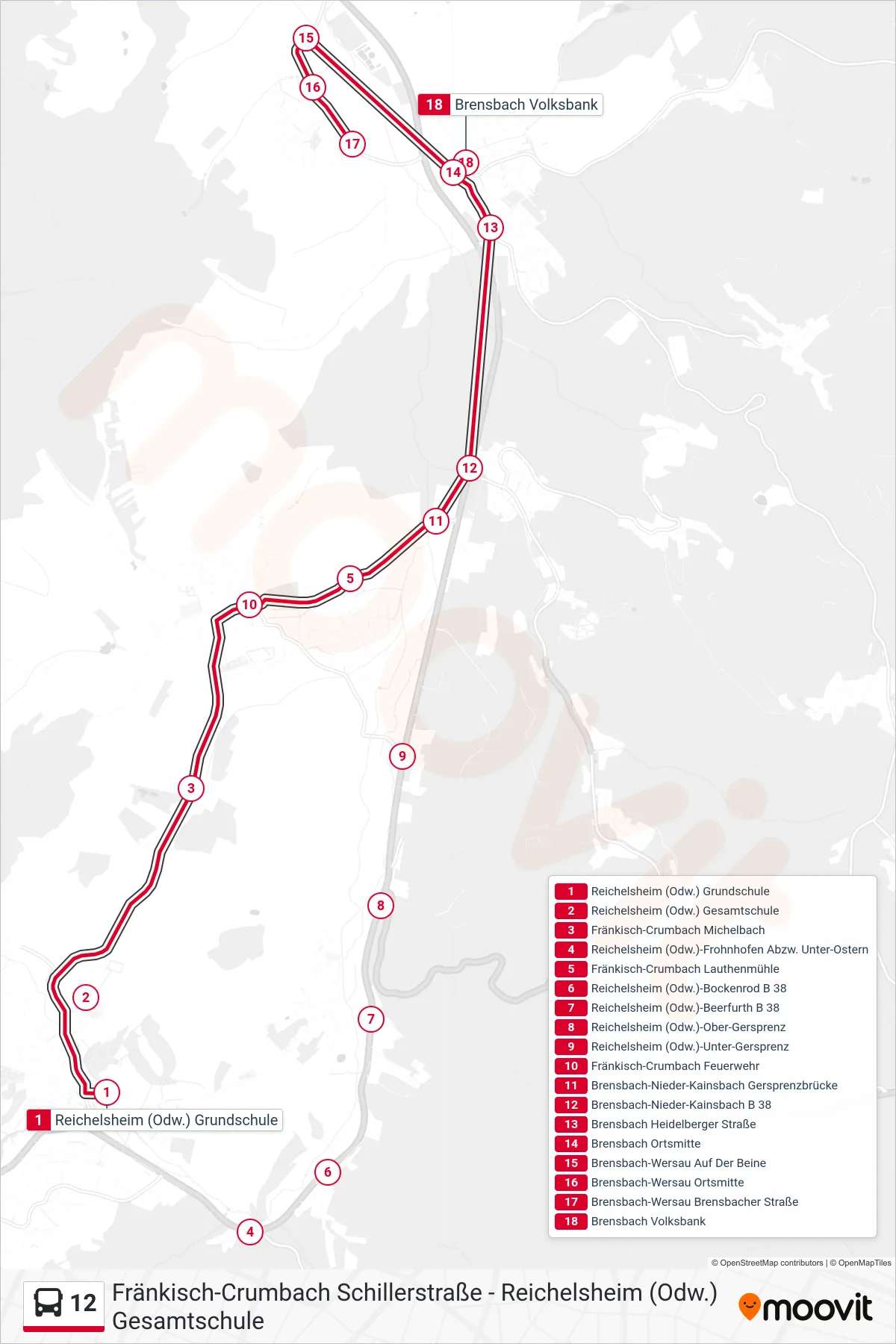 12 bus Line (Wersau) route and stops on a map