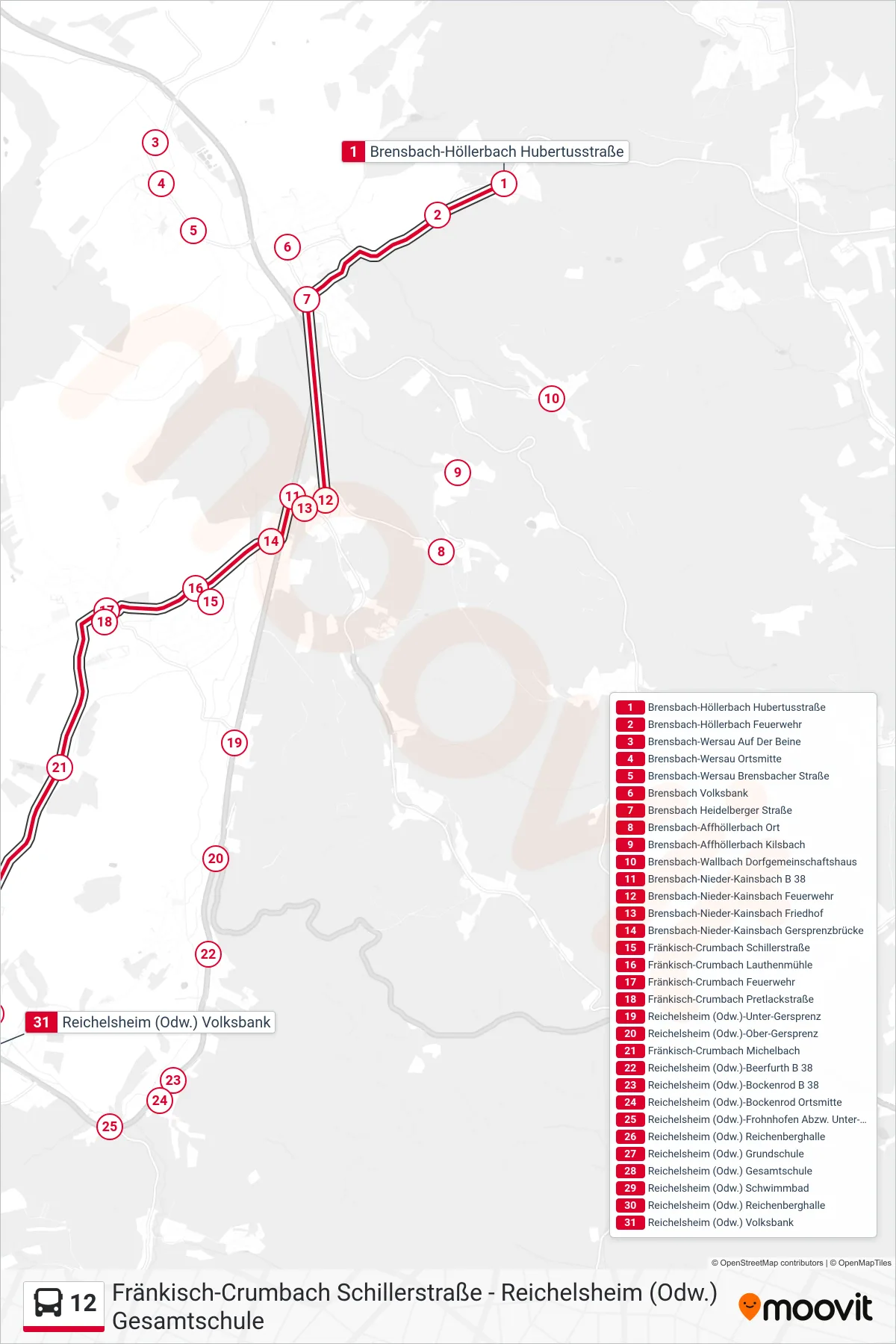 12 bus Line (Reichelsheim Gesamtschule) route and stops on a map