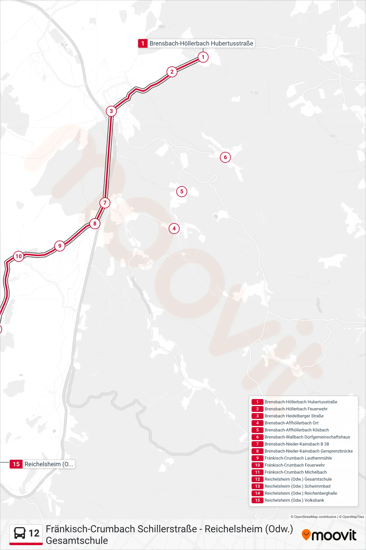 12 bus Line (Reichelsheim) route and stops on a map