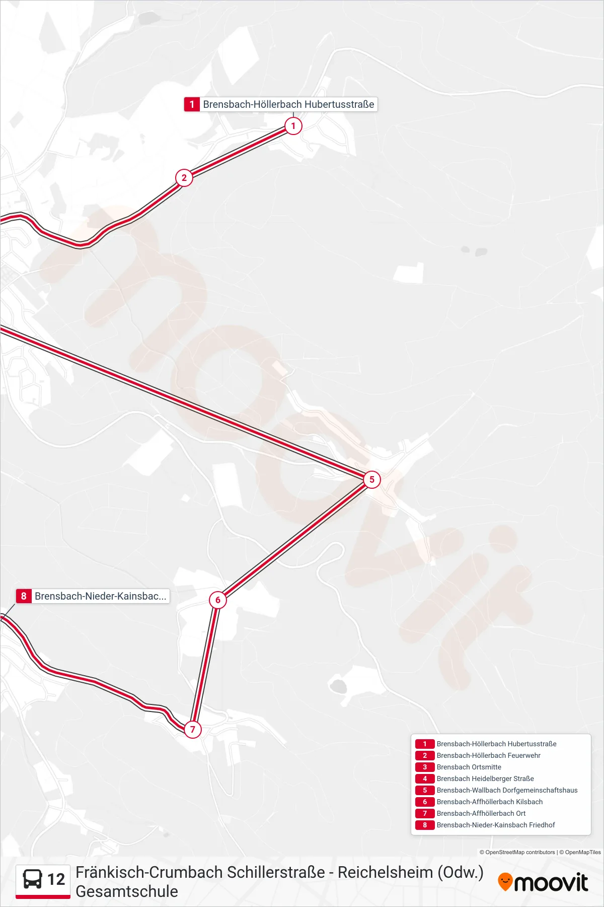 12 bus Line (Nieder-Kainsbach Friedhof) route and stops on a map