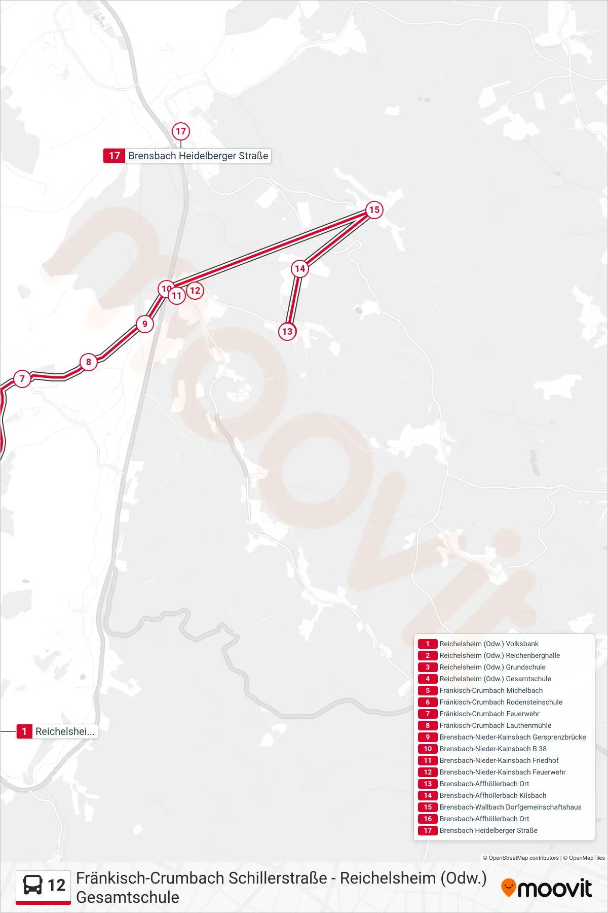 12 bus Line (Wallbach) route and stops on a map
