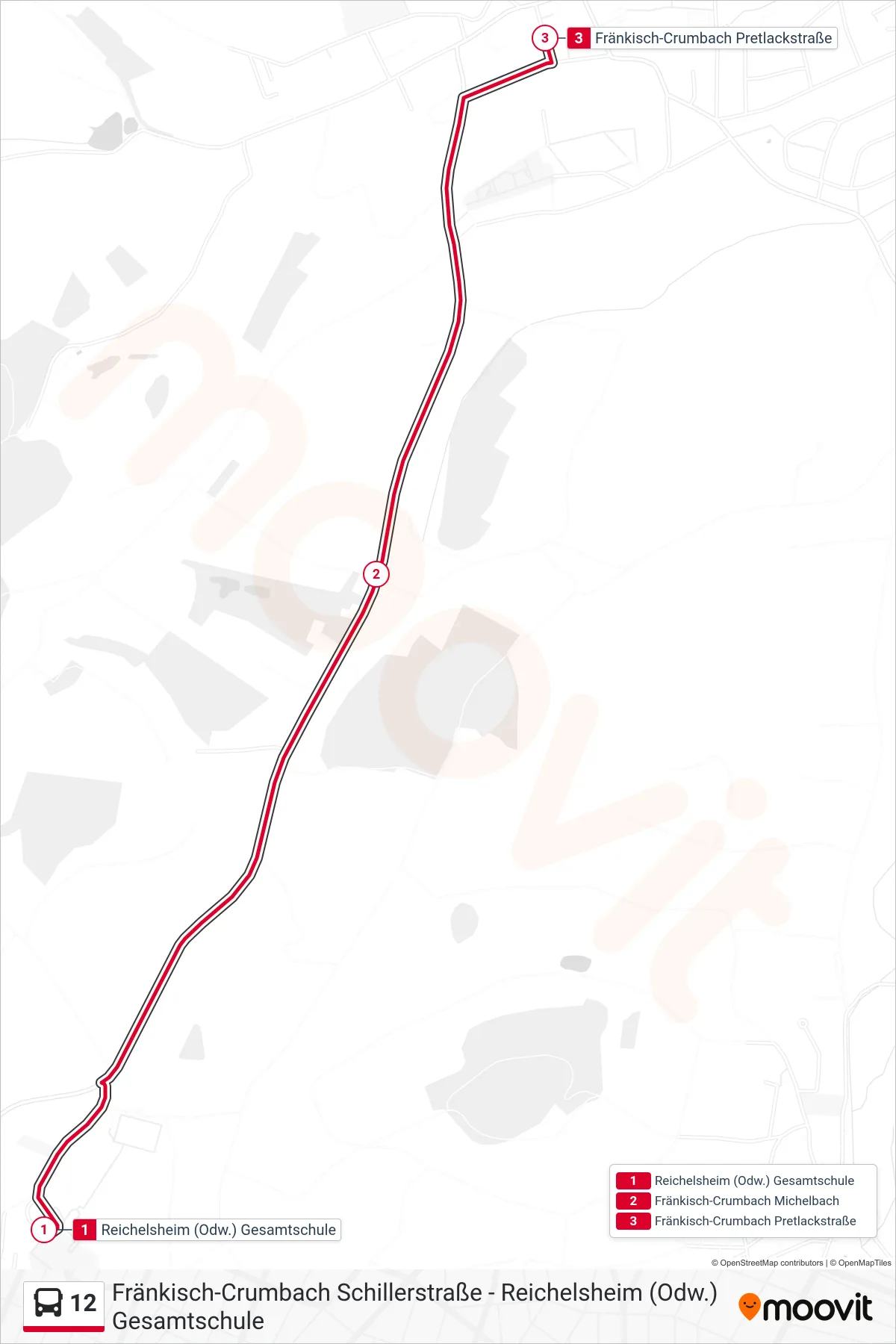 12 bus Line (Fr.-Crumbach Pretlackstrasse) route and stops on a map