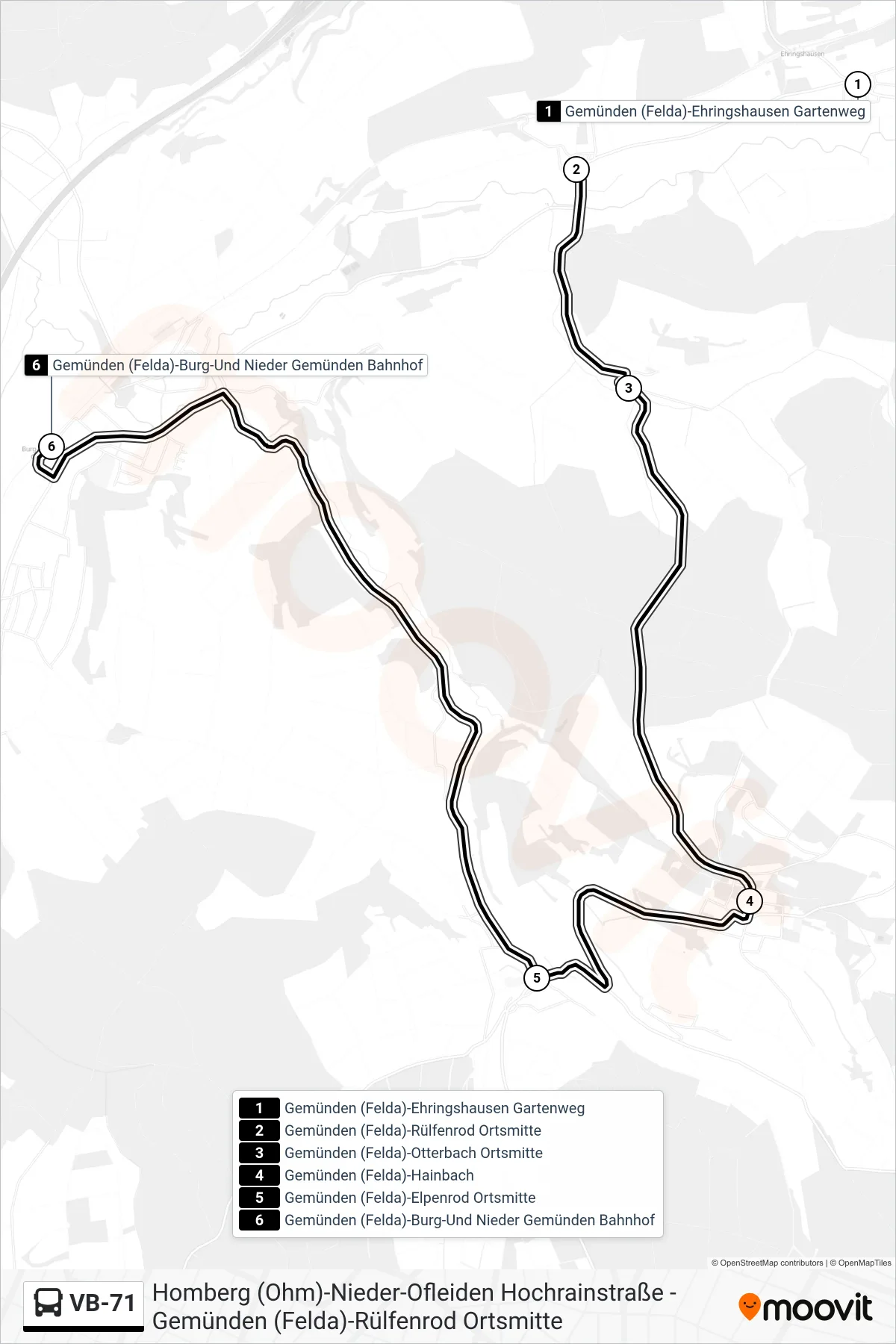 VB-71 bus Line (Gemünden (Felda)-Burg-Und Nieder Gemünden Bahnhof) route and stops on a map