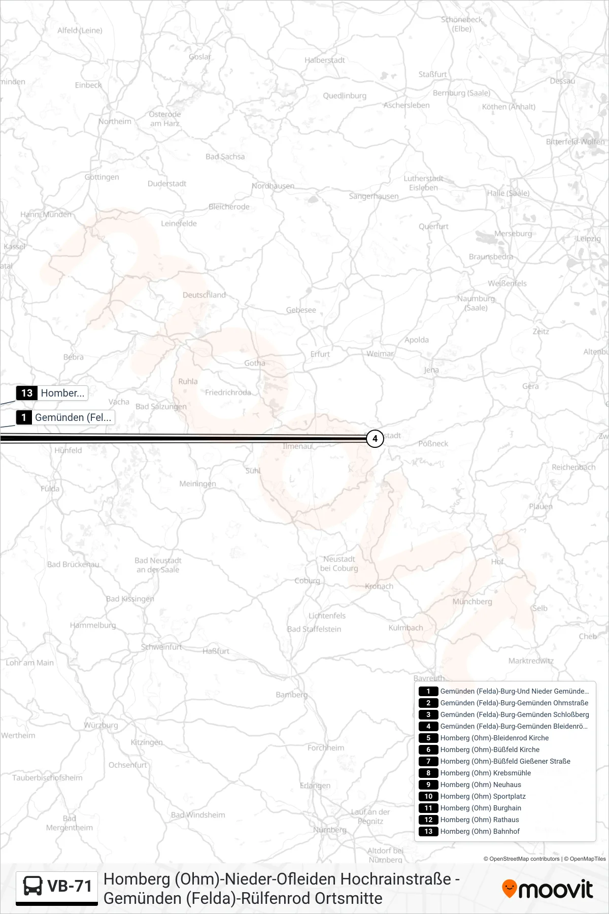 VB-71 bus Line (Homberg (Ohm) Bahnhof) route and stops on a map