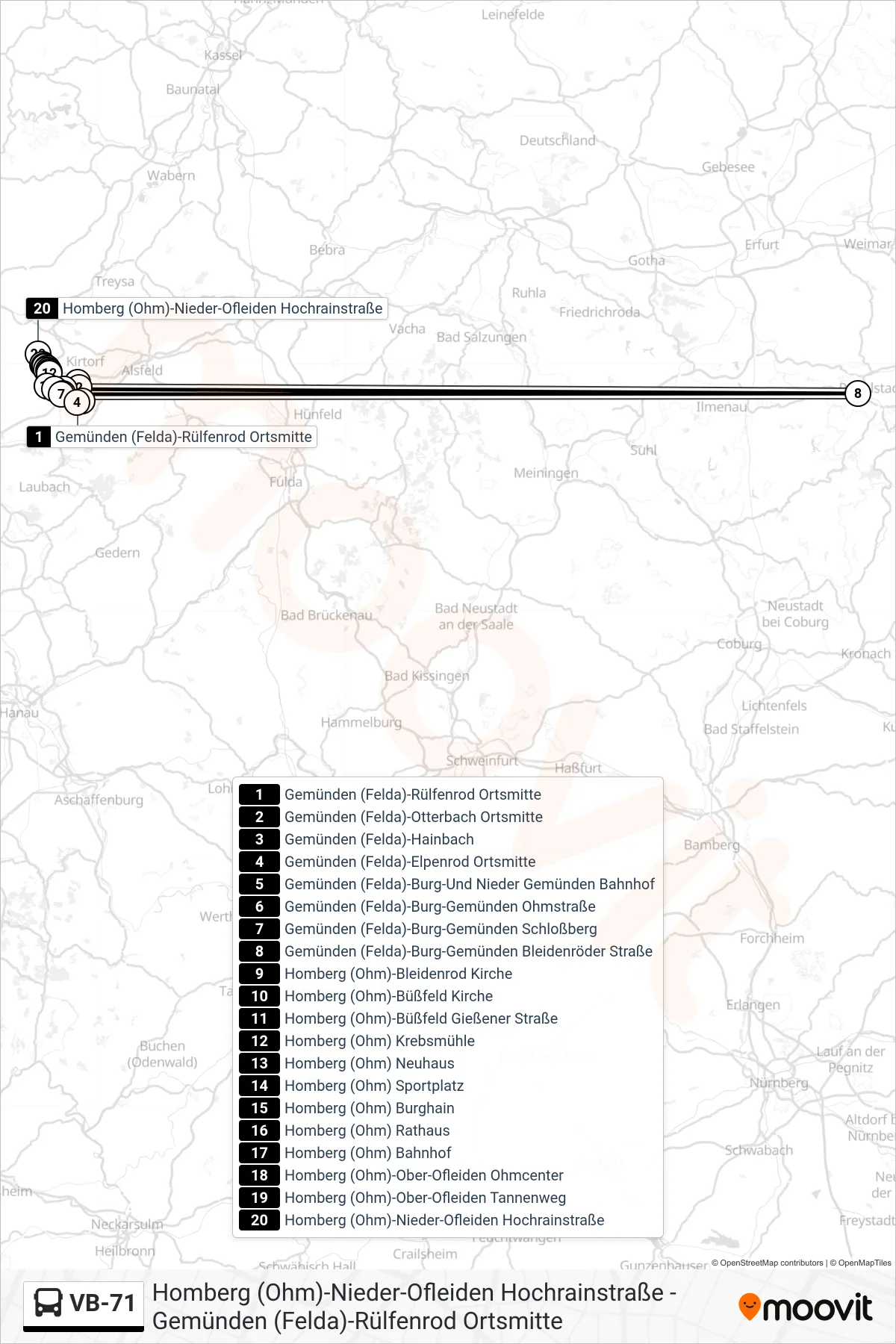 VB-71 bus Line (Homberg (Ohm)-Nieder-Ofleiden Hochrainstraße) route and stops on a map