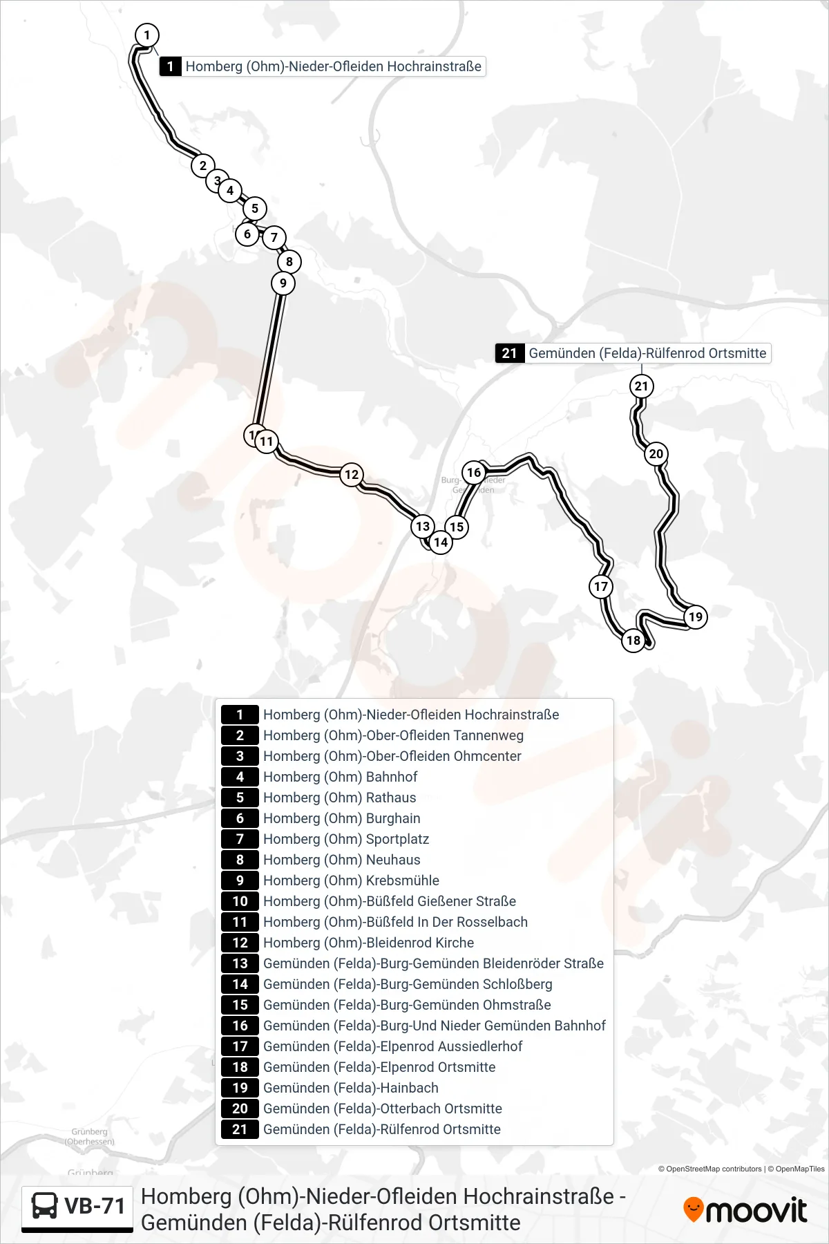 Linie VB-71 (Bus) Richtung Gemünden (Felda)-Rülfenrod Ortsmitte: Route und Haltestellen auf der Karte