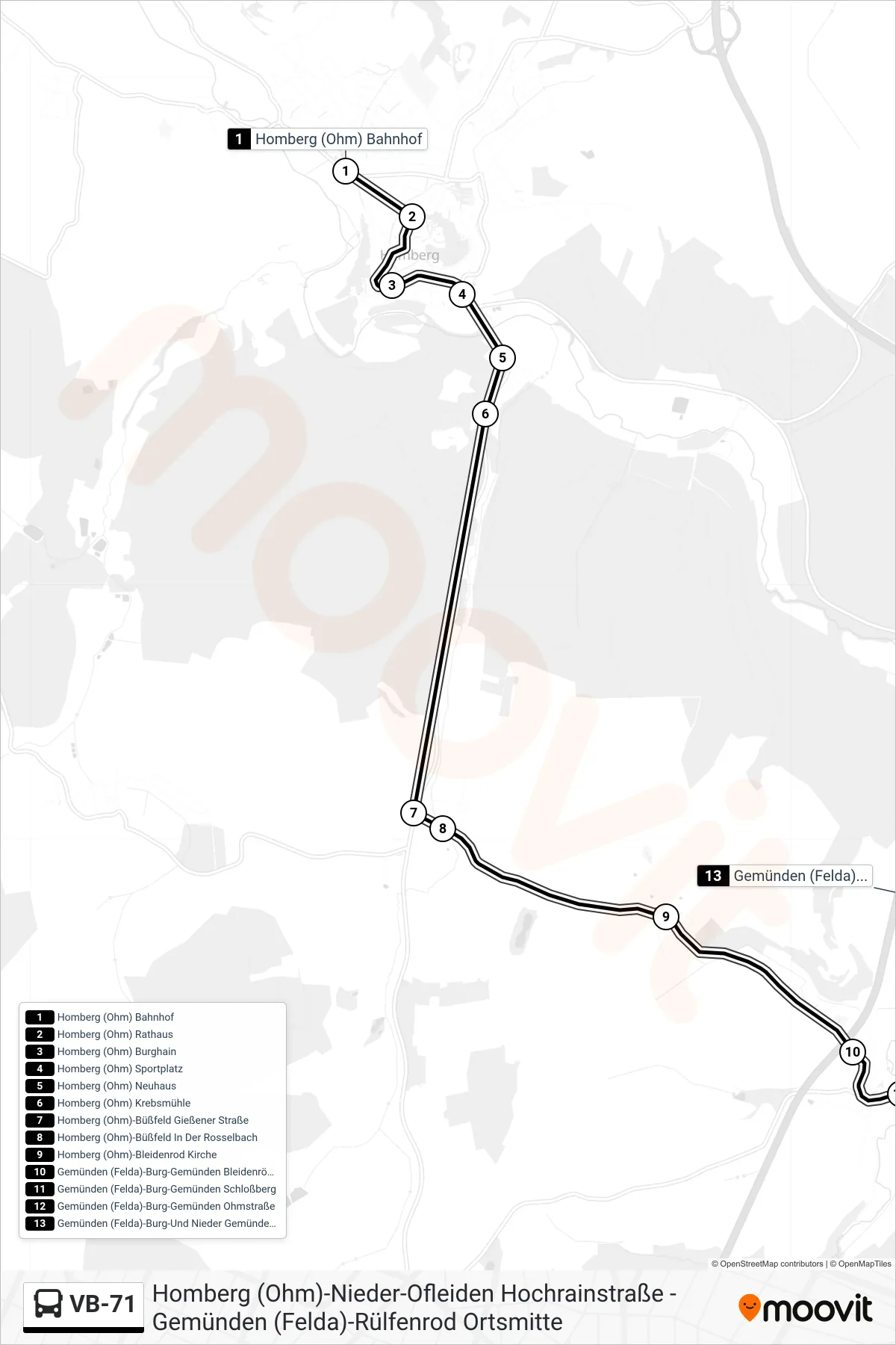 VB-71 bus Line (Gemünden (Felda)-Burg-Und Nieder Gemünden Bahnhof) route and stops on a map