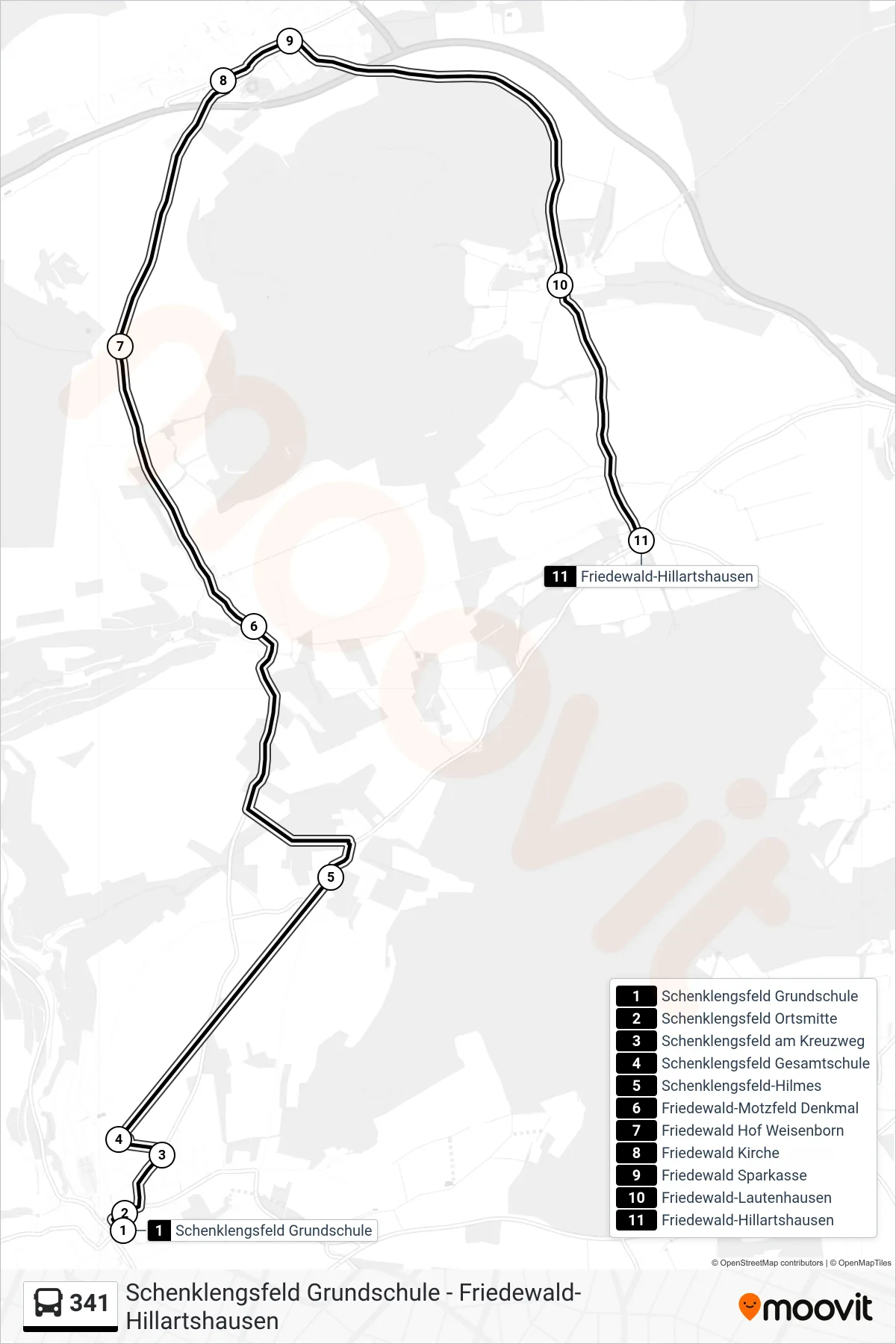 341 bus Line (Hillartshausen) route and stops on a map