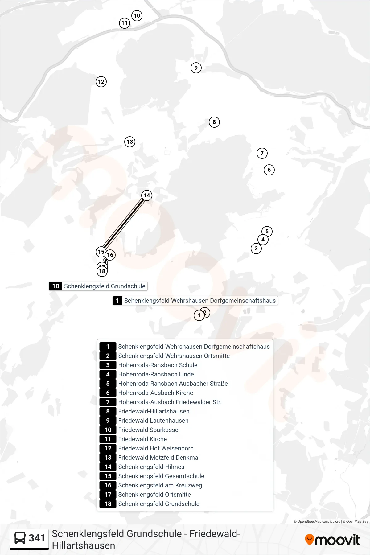341 bus Line (Schenklengsfeld) route and stops on a map