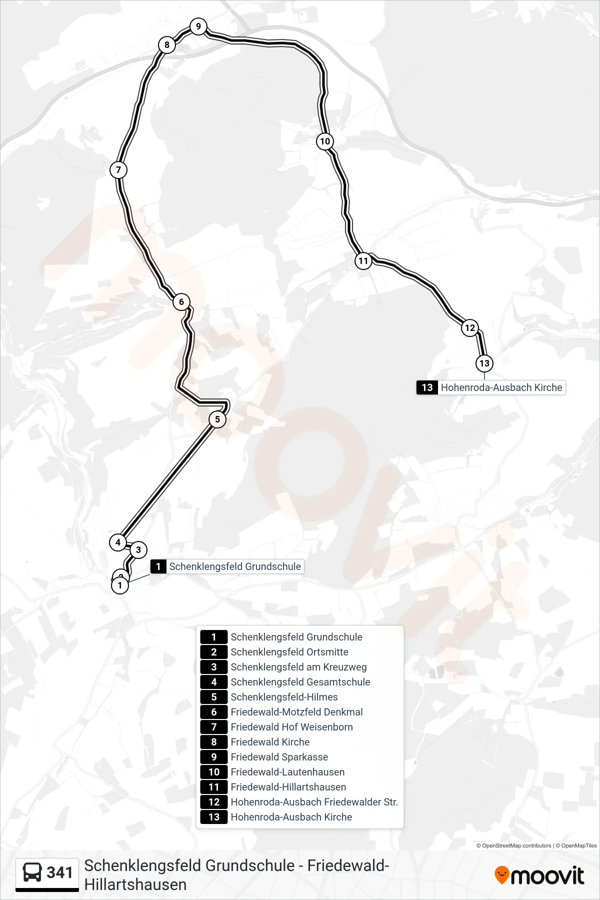 341 bus Line (Ausbach) route and stops on a map