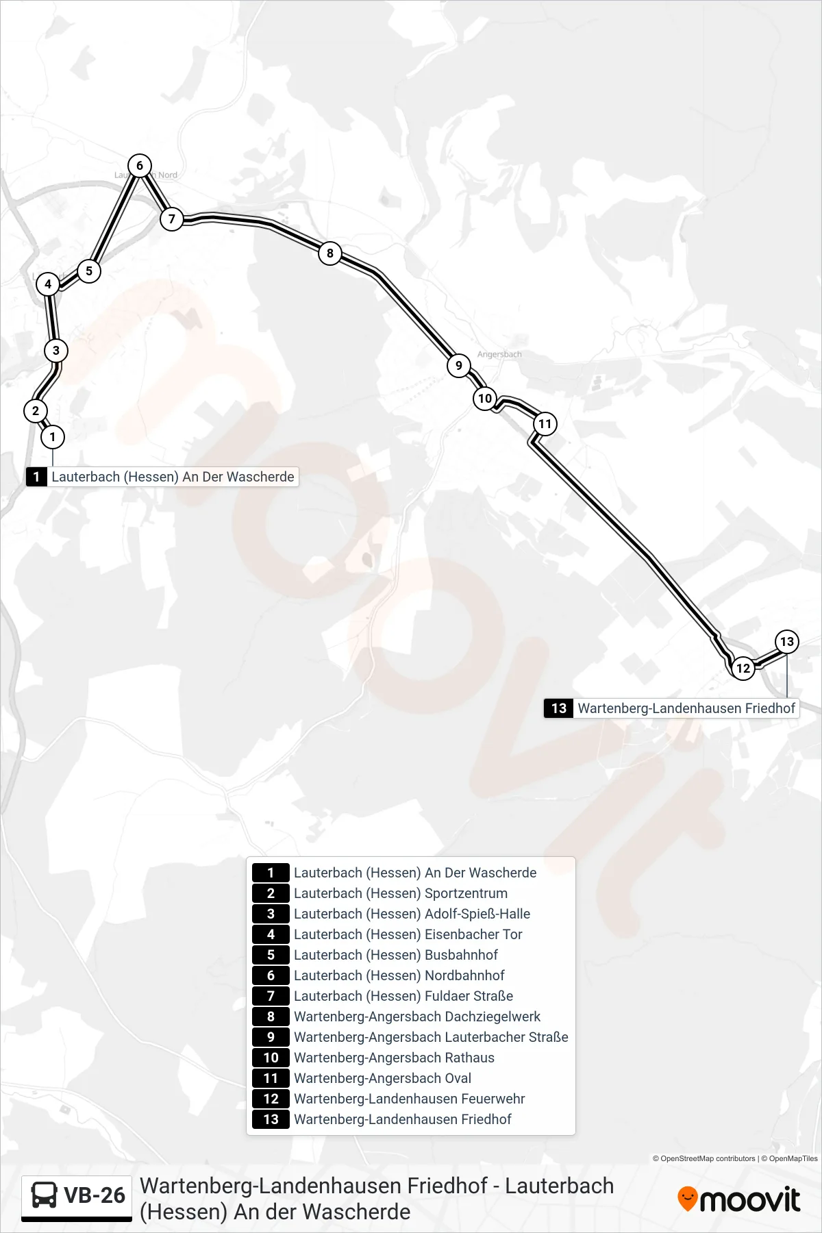 VB-26 bus Line (Wartenberg-Landenhausen Friedhof) route and stops on a map