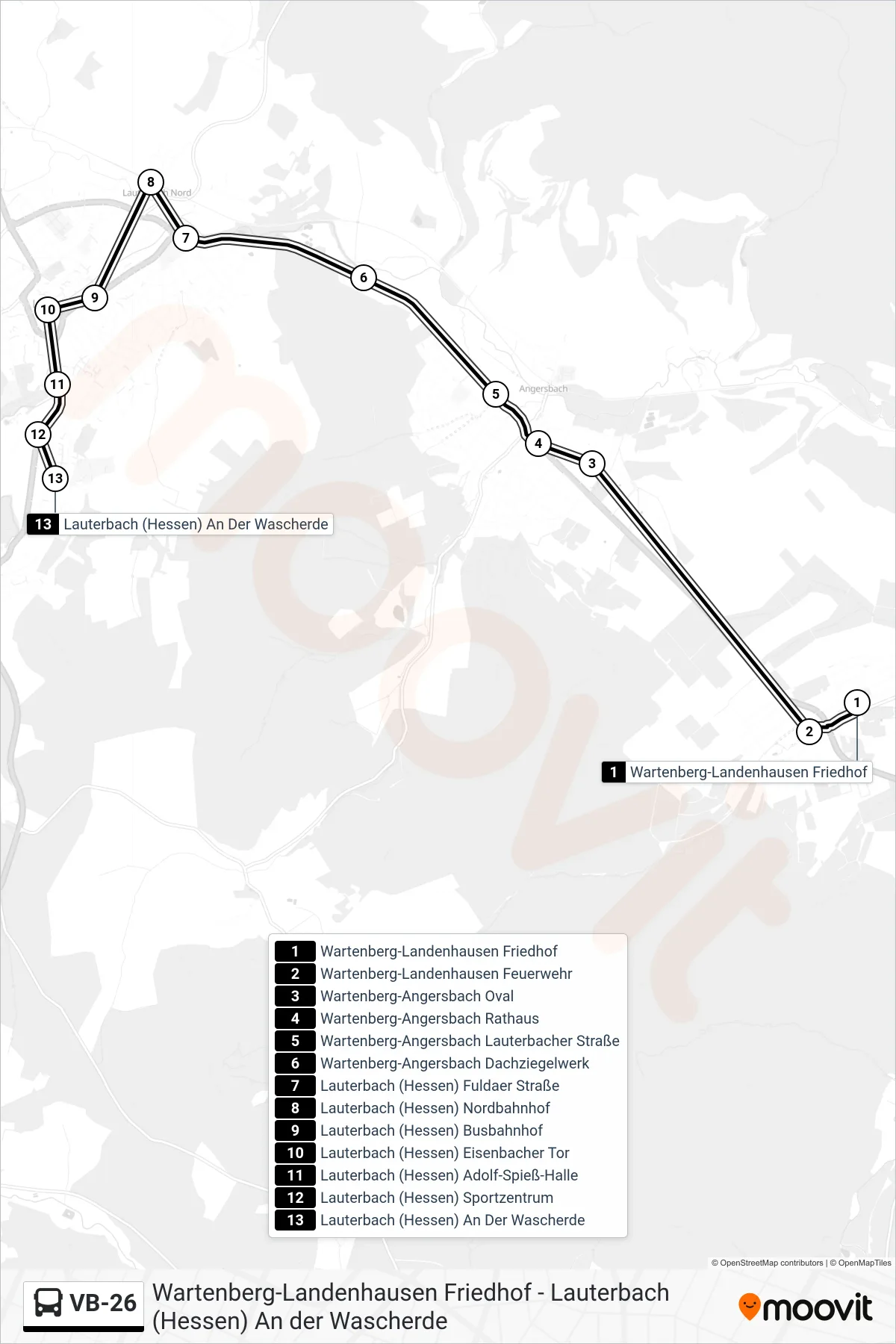 Linie VB-26 (Bus) Richtung Lauterbach (Hessen) An Der Wascherde: Route und Haltestellen auf der Karte
