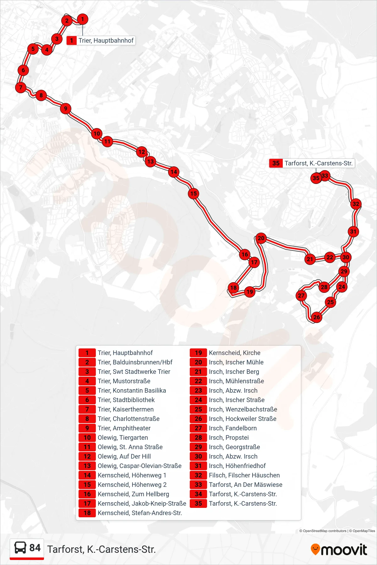 84 bus Line (Tarforst, K.-Carstens-Str.) route and stops on a map