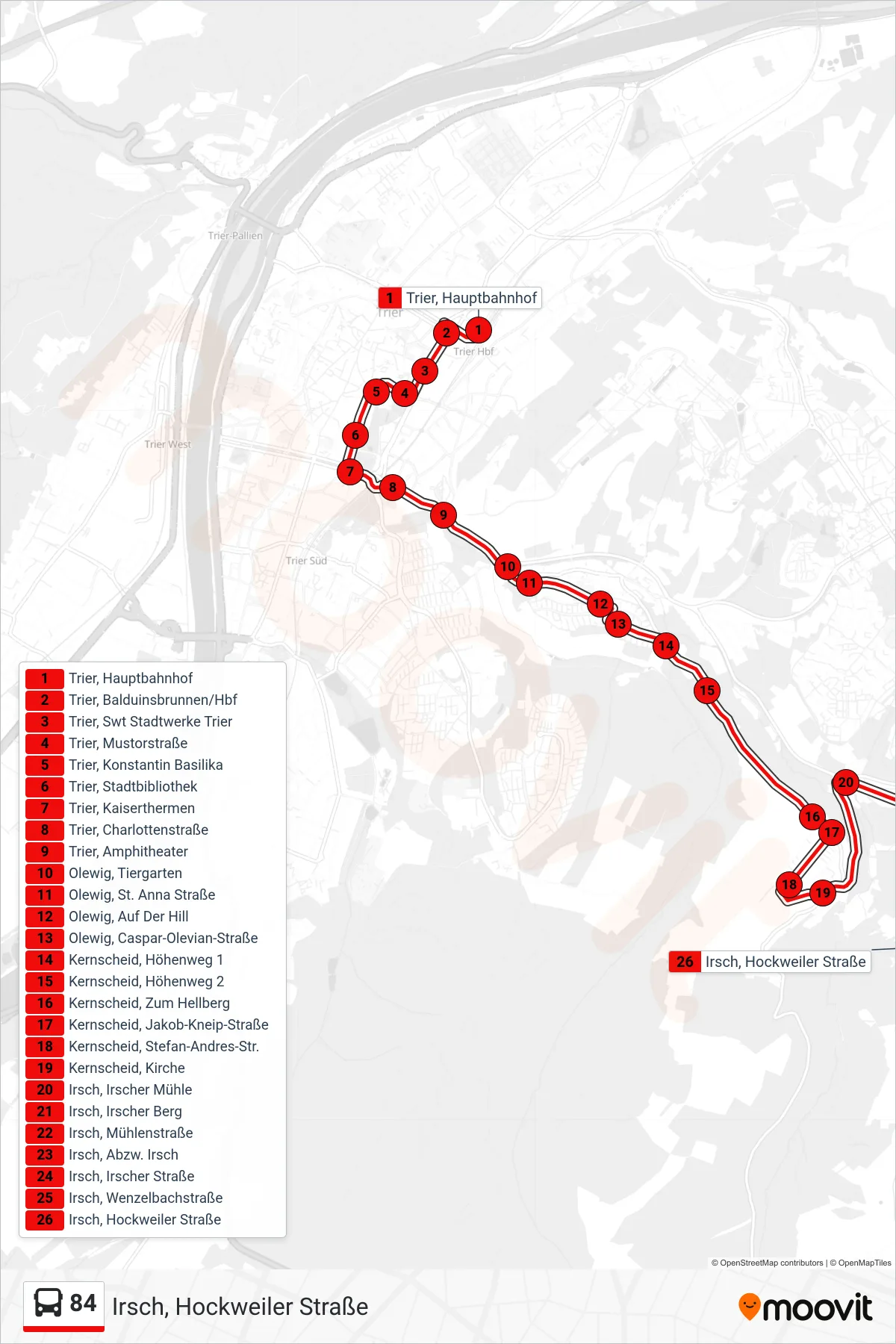 84 bus Line (Irsch, Hockweiler Straße) route and stops on a map